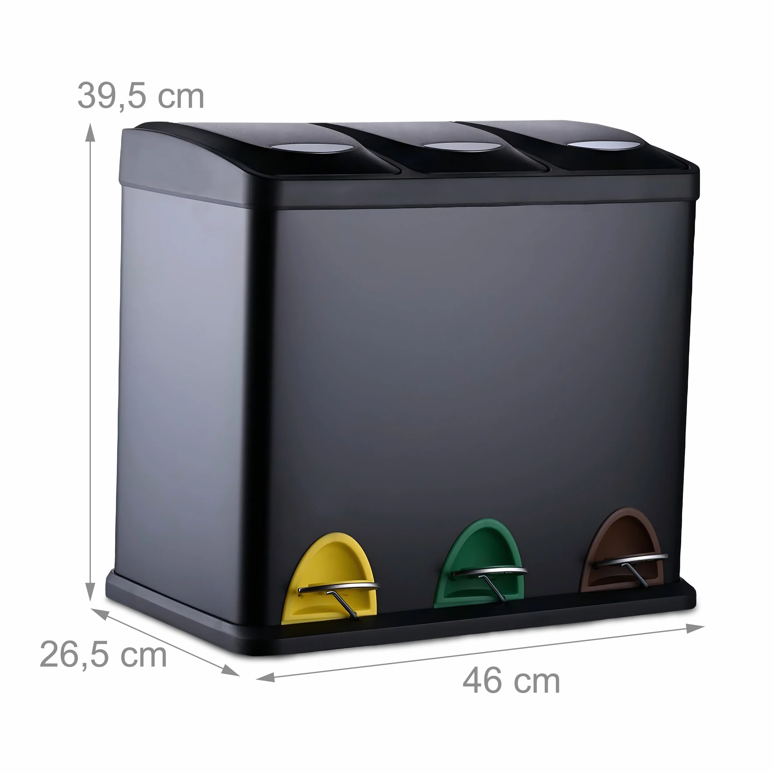 Relaxdays Poubelle 3 Compartiments 24L métal Noir avec pédale