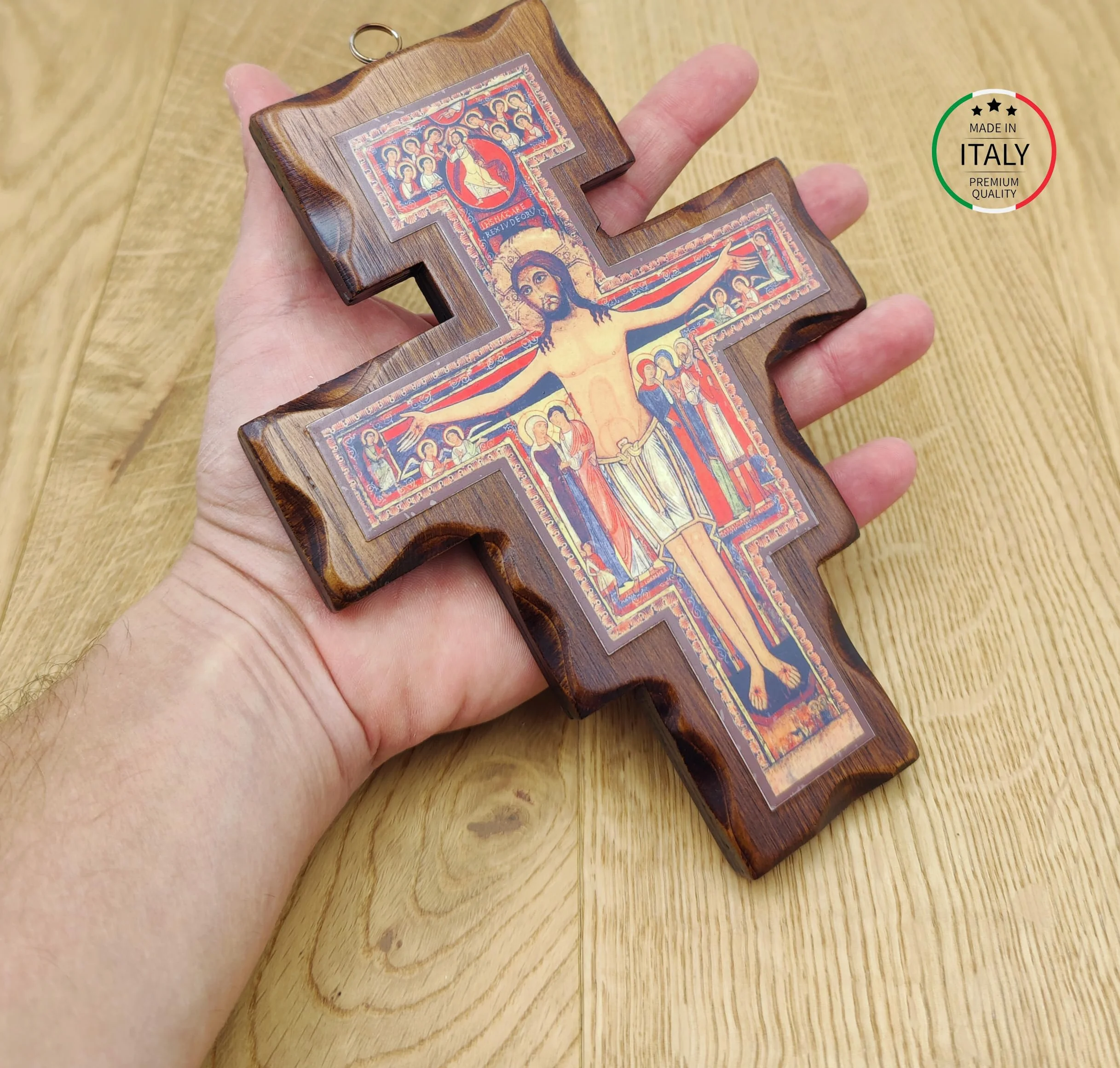 Croix San Damiano La Balestra en Bois Mural 19x14 Fabriqué en Ombrie Italie