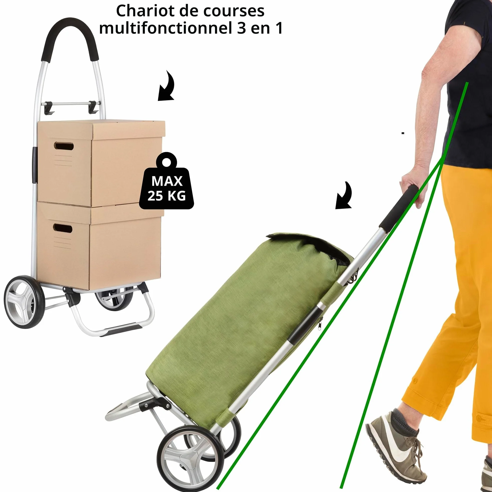 Cruiser Pliable Chariot de Course 45L Caddie à 2 Roues Vert