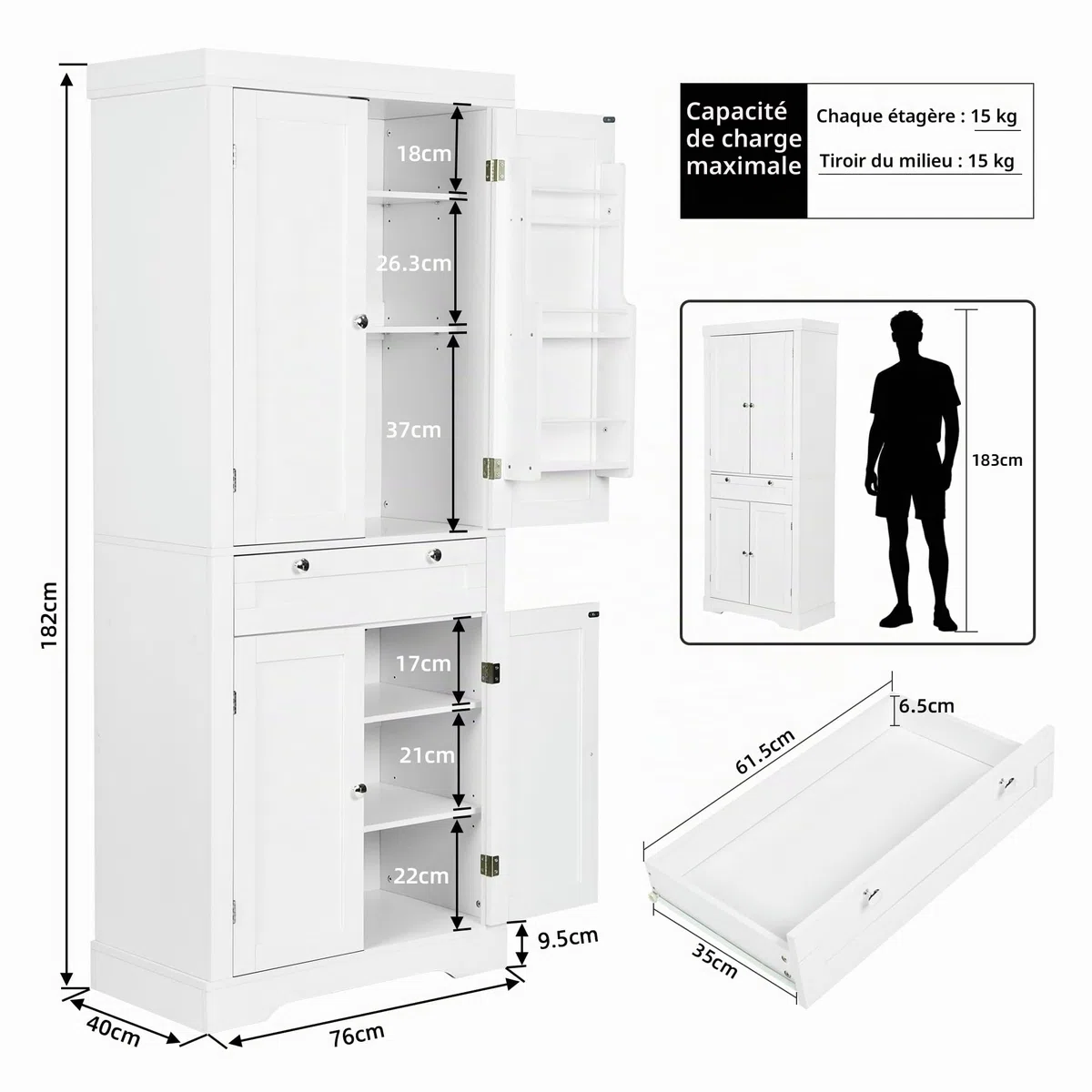 Meuble Cuisine, Buffet Haut Cuisine, Meuble Rangement avec 1 Tiroir et 4 Portes, Garde-Manger Moderne 76x40x182 cm – Panneau de Particules + MDF, pour Cuisine, Salle à Manger ou Salon, Blanc