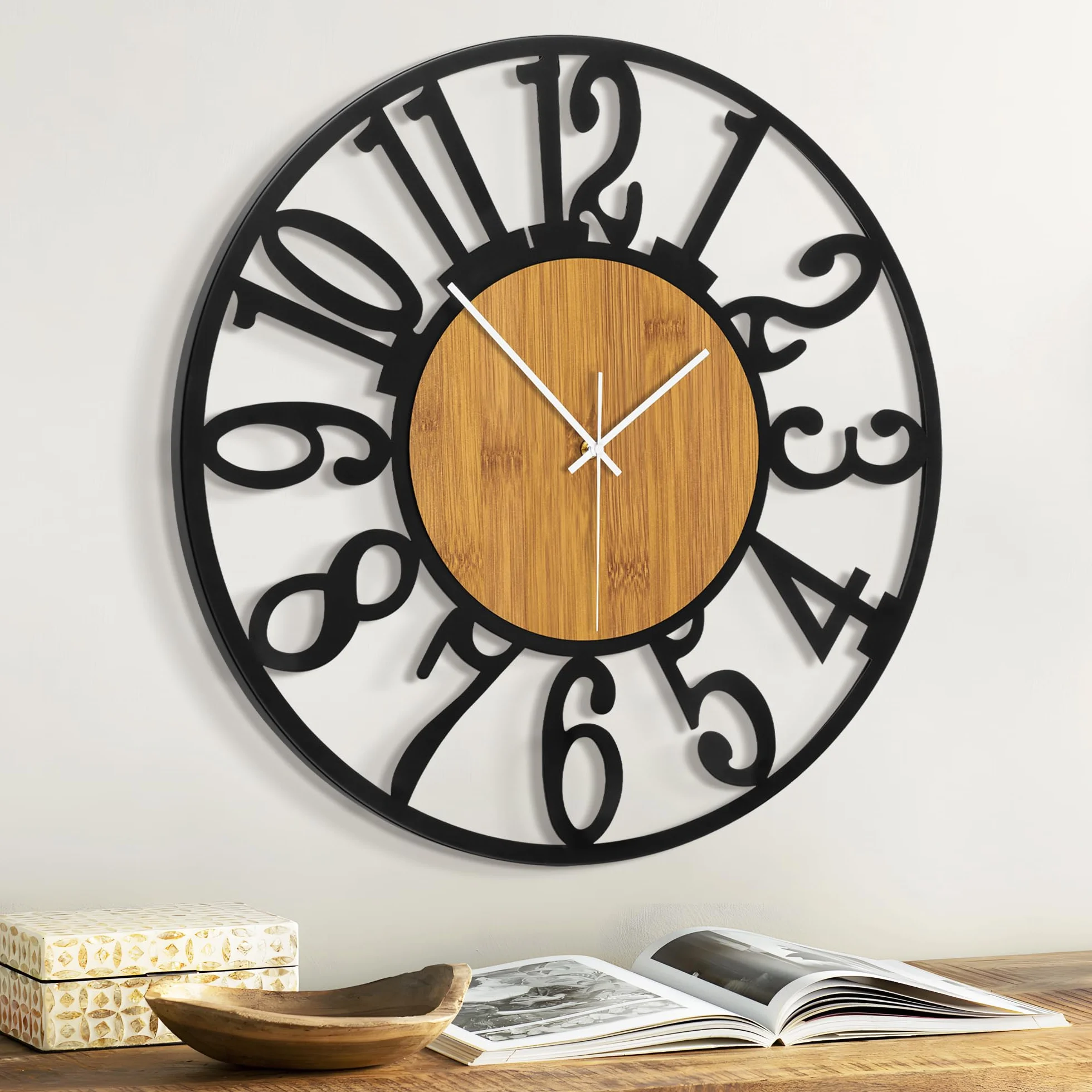 Horloge murale 50 cm silencieuse bois métal noir moderne salon cuisine
