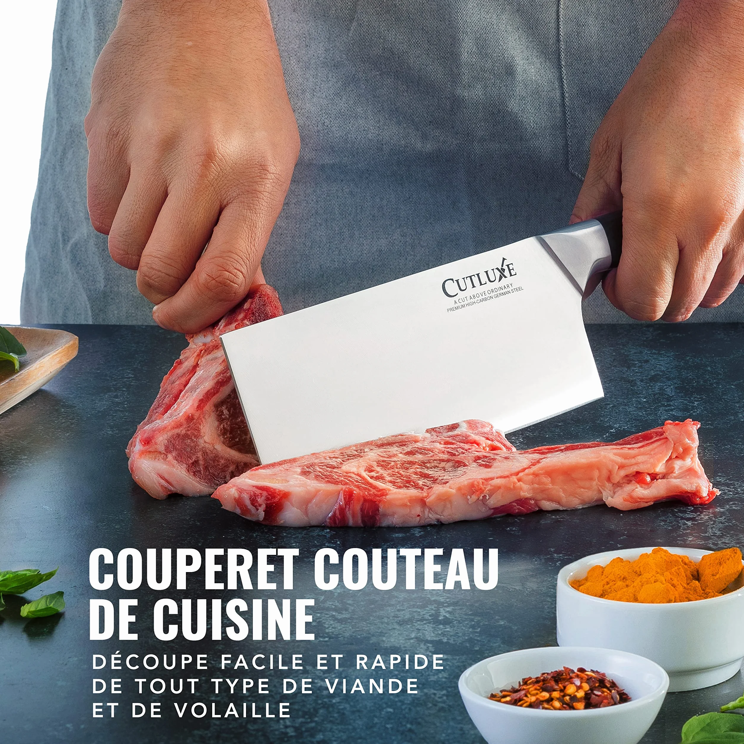 Cutluxe Couteau de Boucher 17.7 cm Acier Allemand Carbone Tang Complet Série Artisan