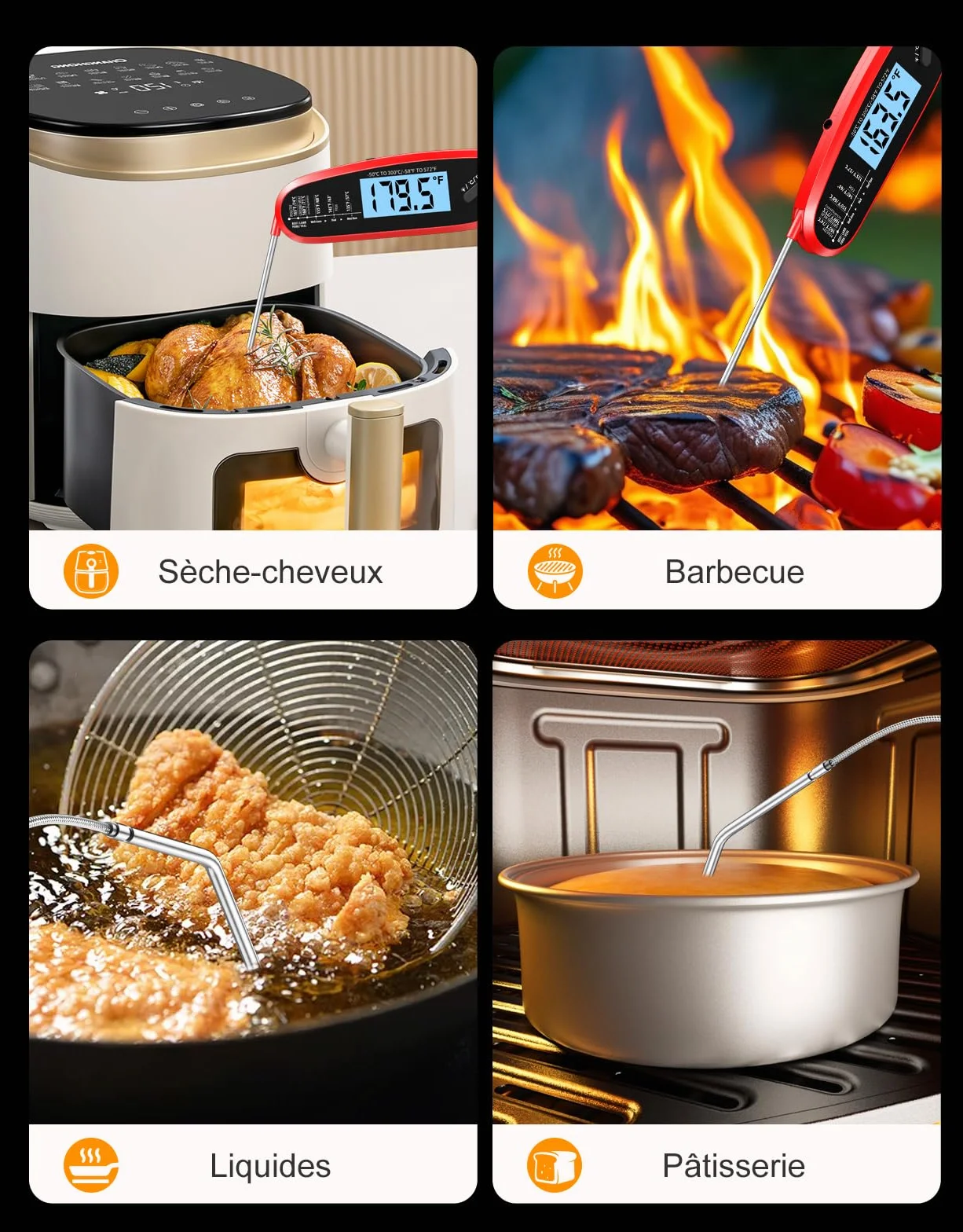 Thermomètre Cuisine Double Sondes Pliables 3s Lecture Instantané Digital Rétroéclairage LCD Calibration Cuisson Ustensile Four BBQ Fumoir