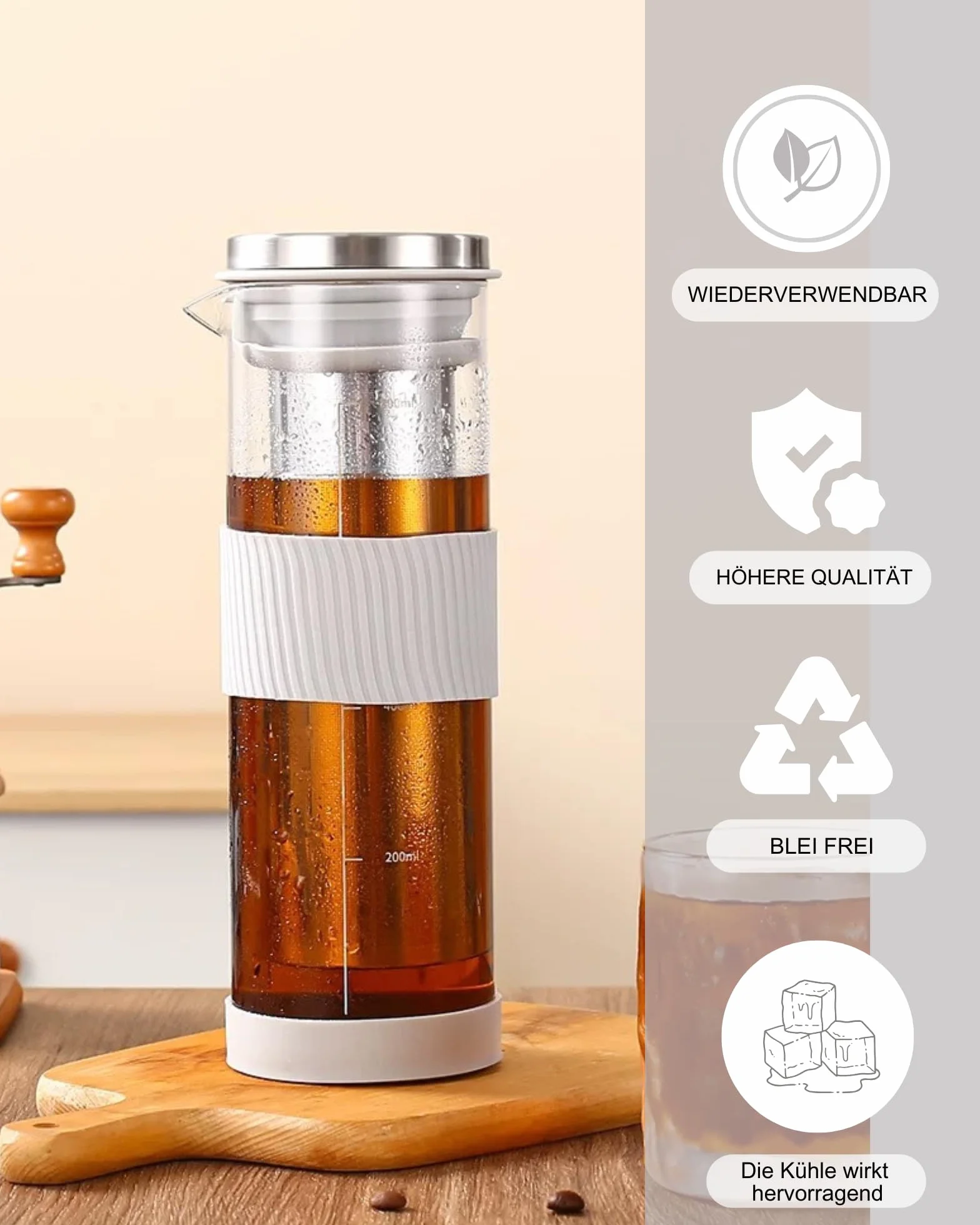 JanYoo Cafetière à piston 800 ml acier inoxydable 304 filtre silicone bec verseur café glacé