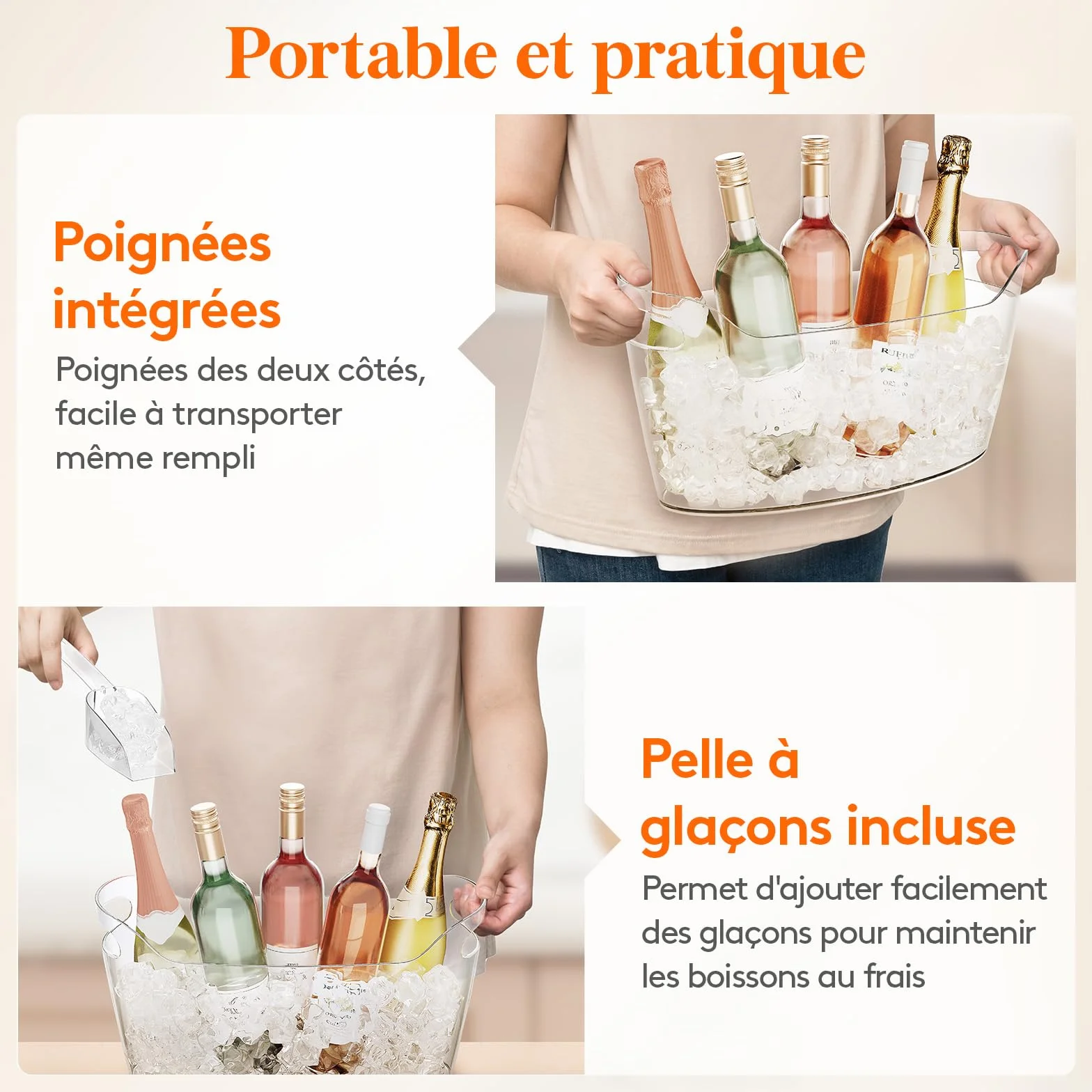 Lifewit Seau à Glace Portable 6.5L, Seau à Champagne avec Cuillère, Plastique Rafraîchisseur de Bouteille de Vin, 38×18×20 cm, Lot de 2