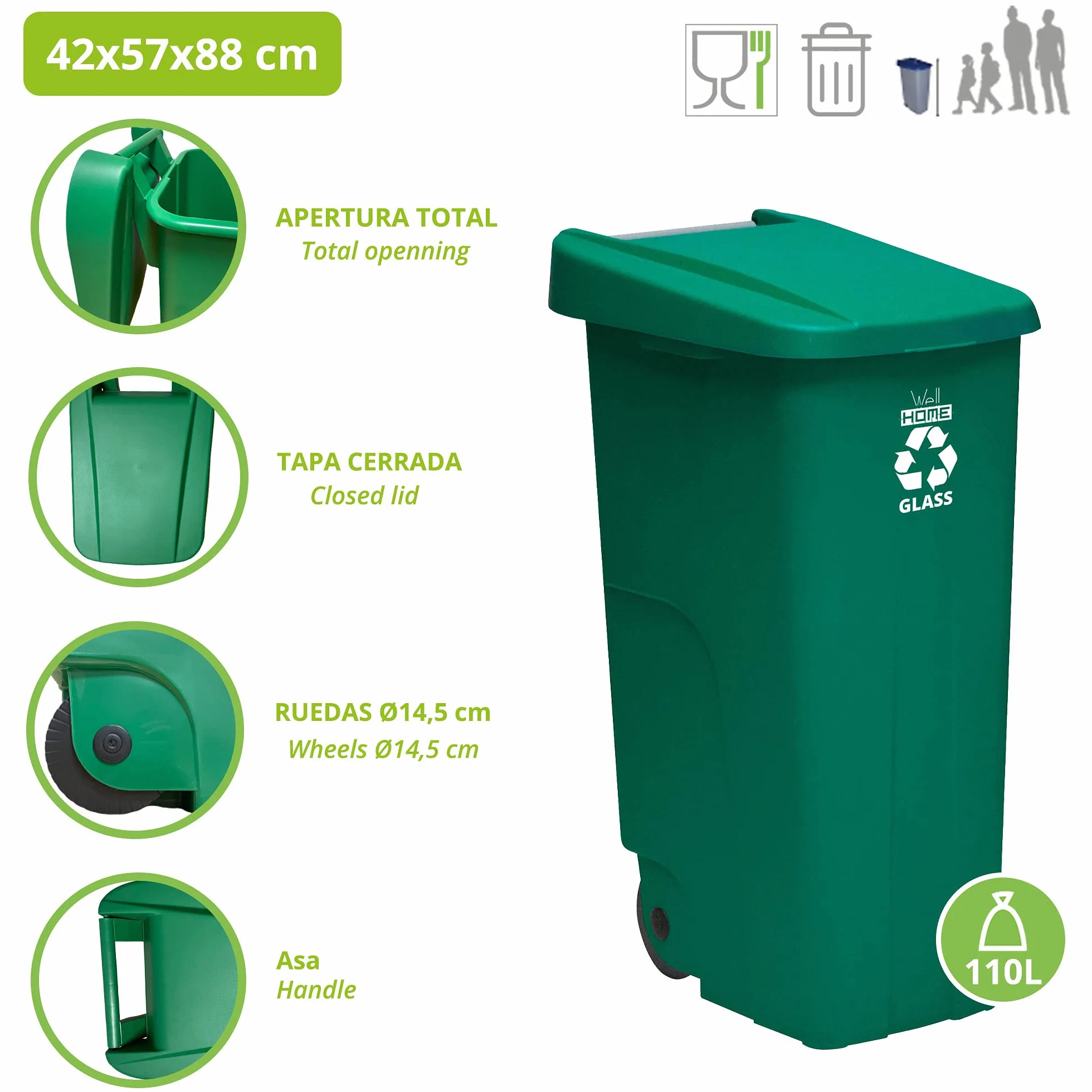 Wellhome Recycle Container 110 litres avec couvercle et roues