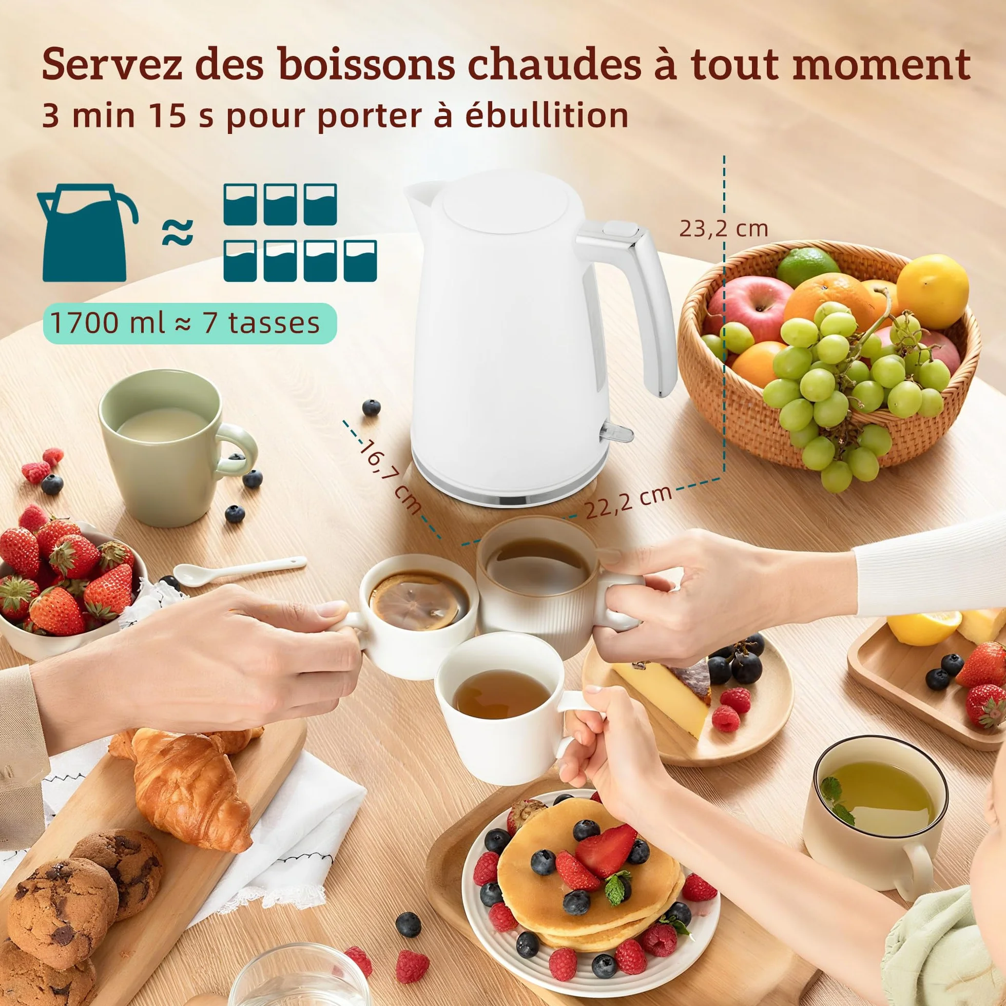HOMCOM Bouilloire et Grille-Pain Acier 2200W 1,7L Thermostat Otter Filtre Anti-Calcaire 2 Fentes 7 Réglages Brunissage Blanc