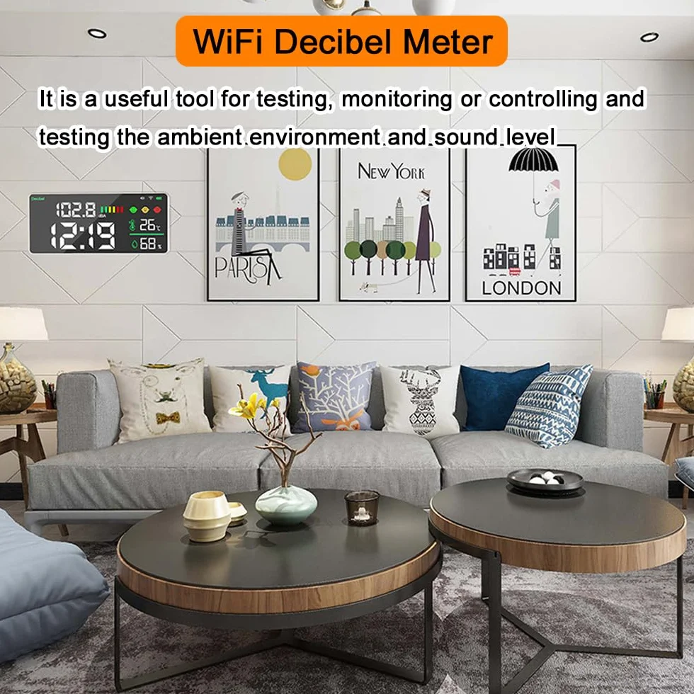 Décibelmètre Sonomètre WiFi 4 en 1, Test de bruit Température Humidité, Réveil, Écran LED 11 pouces
