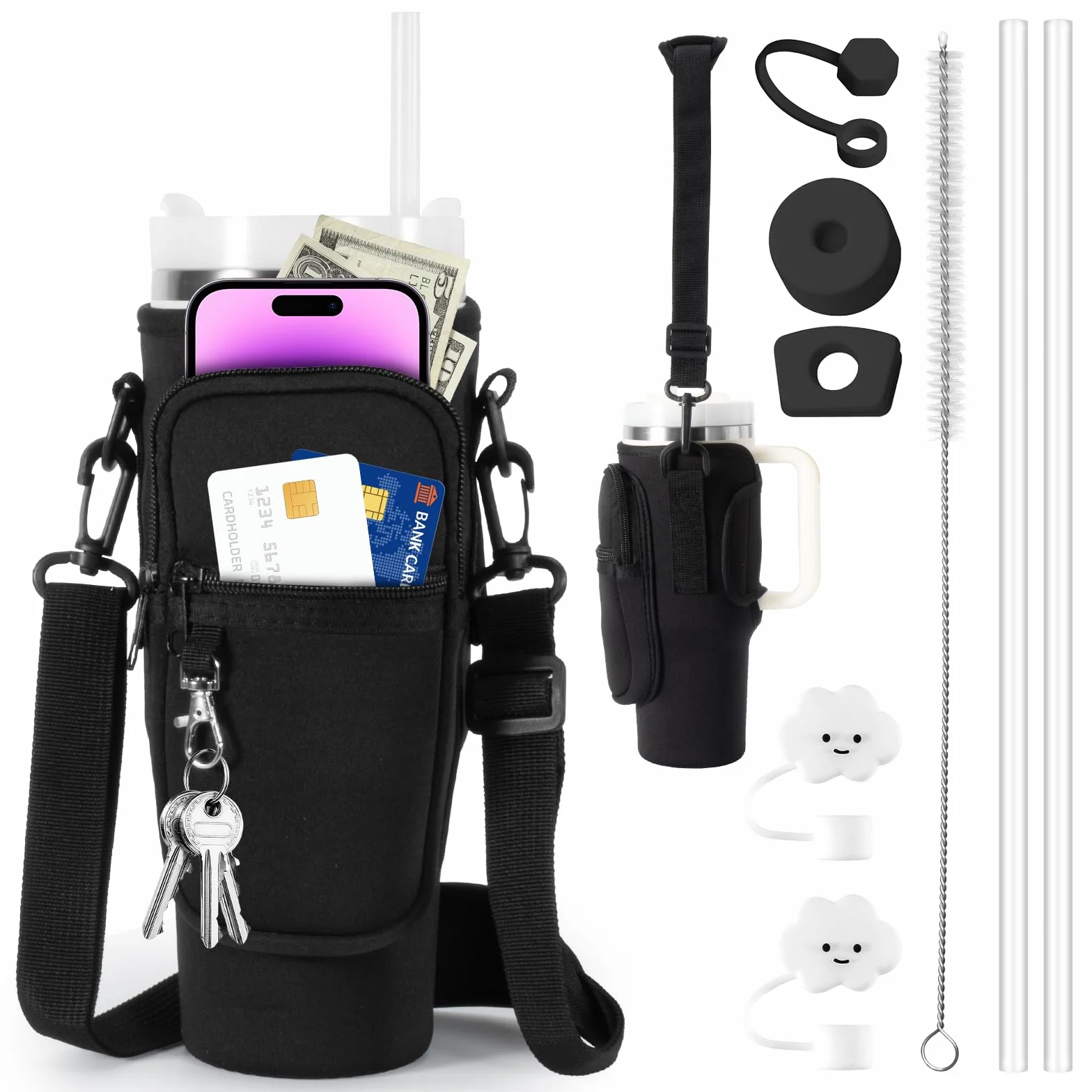 Stanley Cup Sac porte-bouteille d'eau avec sangle, accessoires paille anti-fuite et mousqueton - Noir