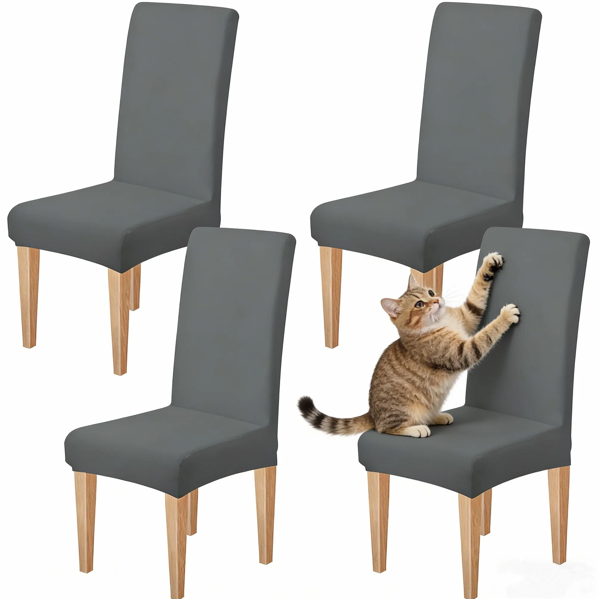 Housse de Chaise Extensible 4 Pièces Amovible Lavable Gris pour Salle à Manger Hôtel