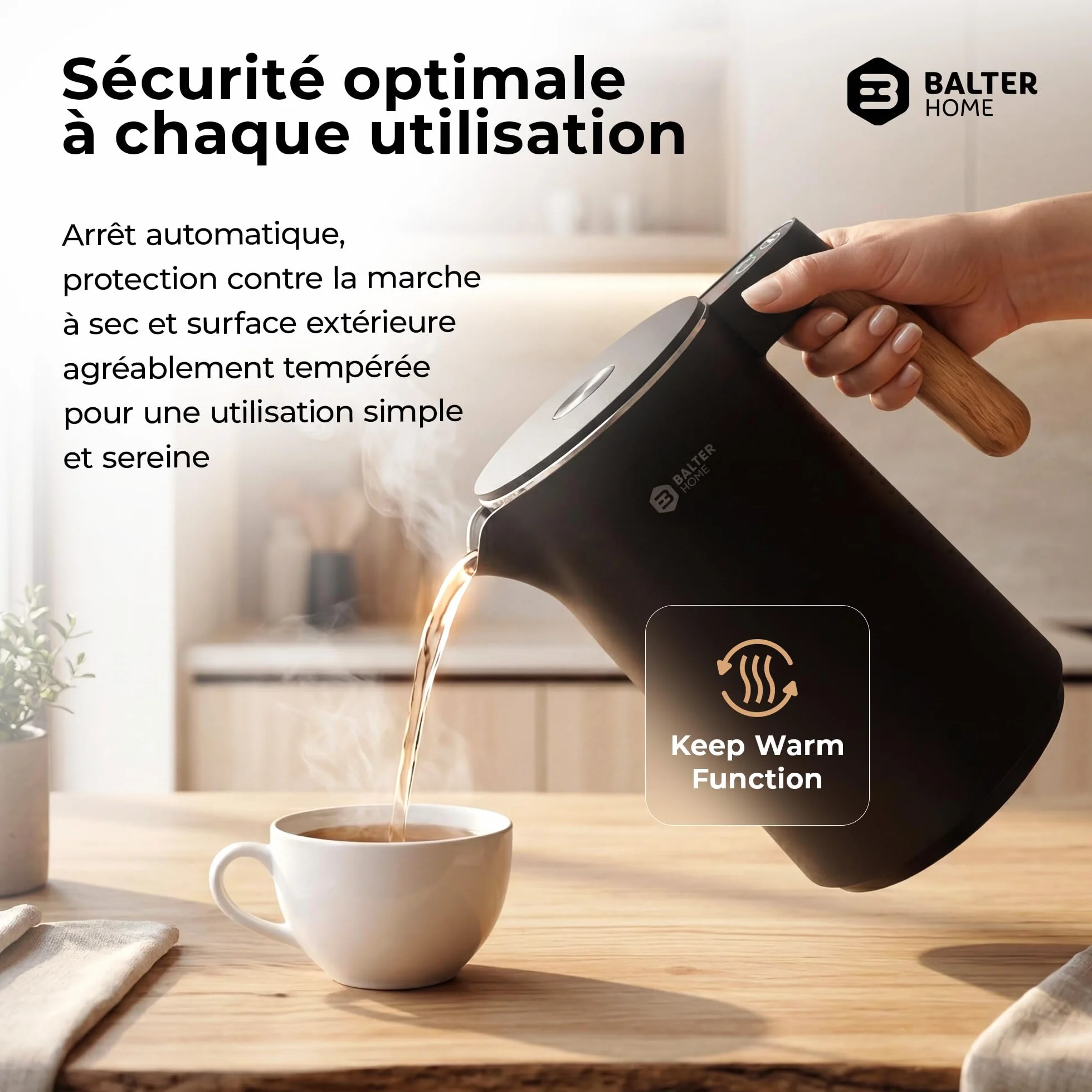 BALTER Bouilloire électrique inox 1,5 L température réglable 45-100°C double paroi sans BPA