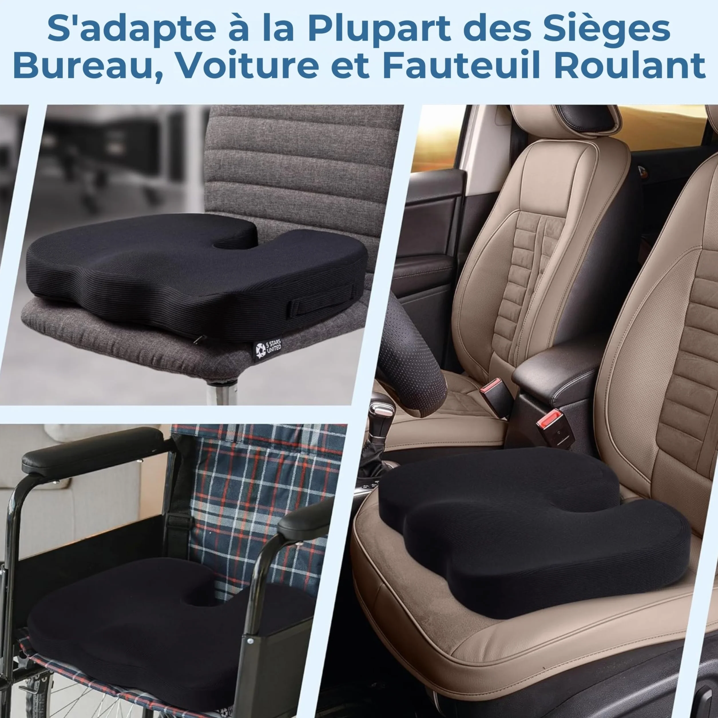 Coussin d’Assise en Mousse à Mémoire de Forme, Coccyx Ergonomique pour Chaise de Bureau, Soulagement Sciatique & Lombaires – Noir
