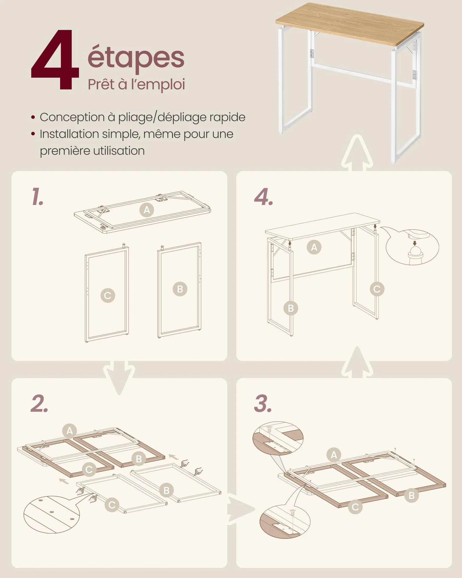 VASAGLE Table Pliante Bureau Pliable 80 x 40 cm Chêne Naturel