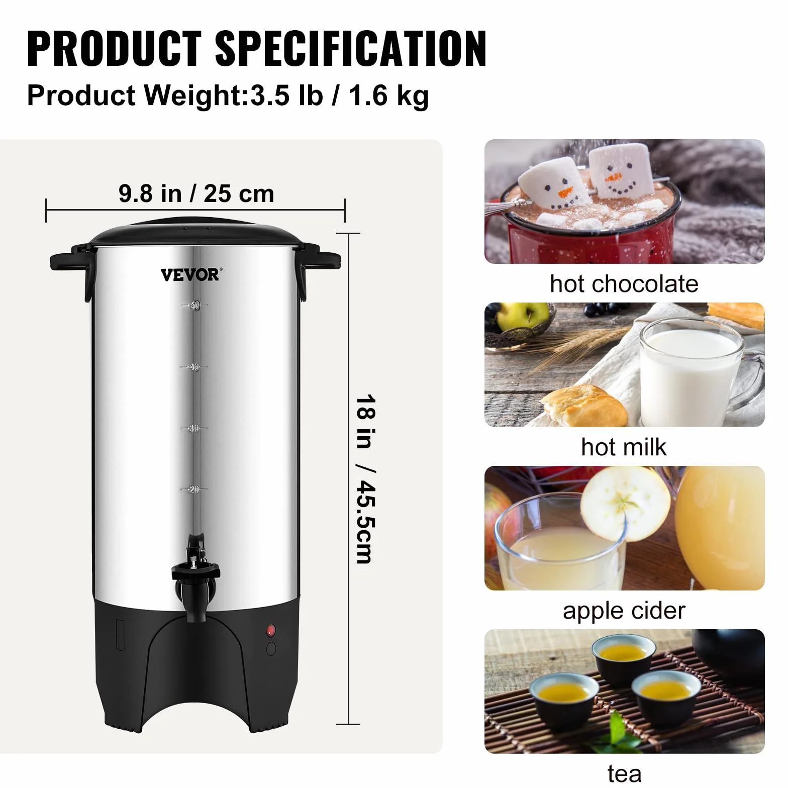 VEVOR Percolateur à Café 7,4 L 50 Tasses Acier Inoxydable Filtre Permanent Chauffe Eau