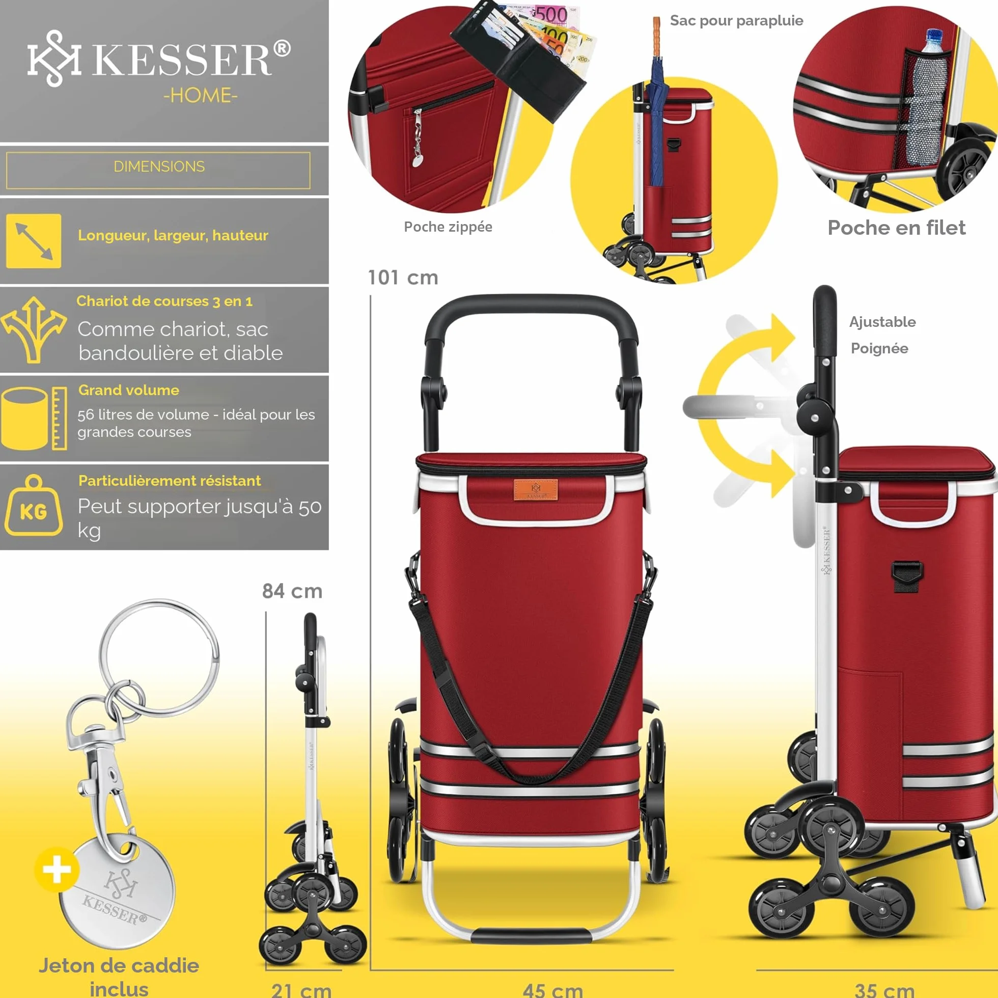 KESSER Chariot à provisions 56 L 50 kg pliable 3 en 1 avec compartiment réfrigérant Bordeaux