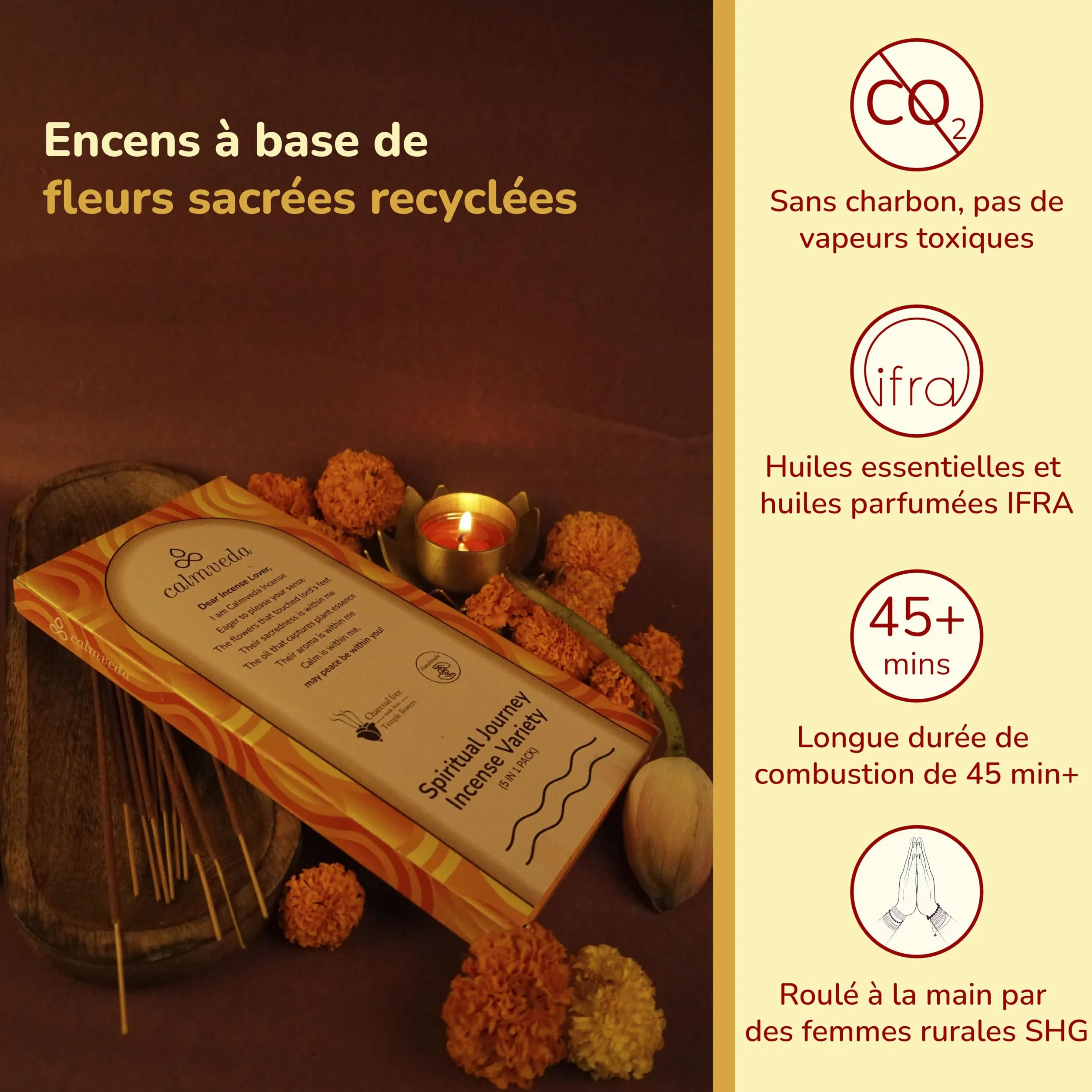 Baton Encens Naturel Pack Variété 90g sans Charbon Fabriqué à partir de Fleurs Recyclées Frankinscène Myrrhe Sauge Blanche Palo Santo Sang de Dragon