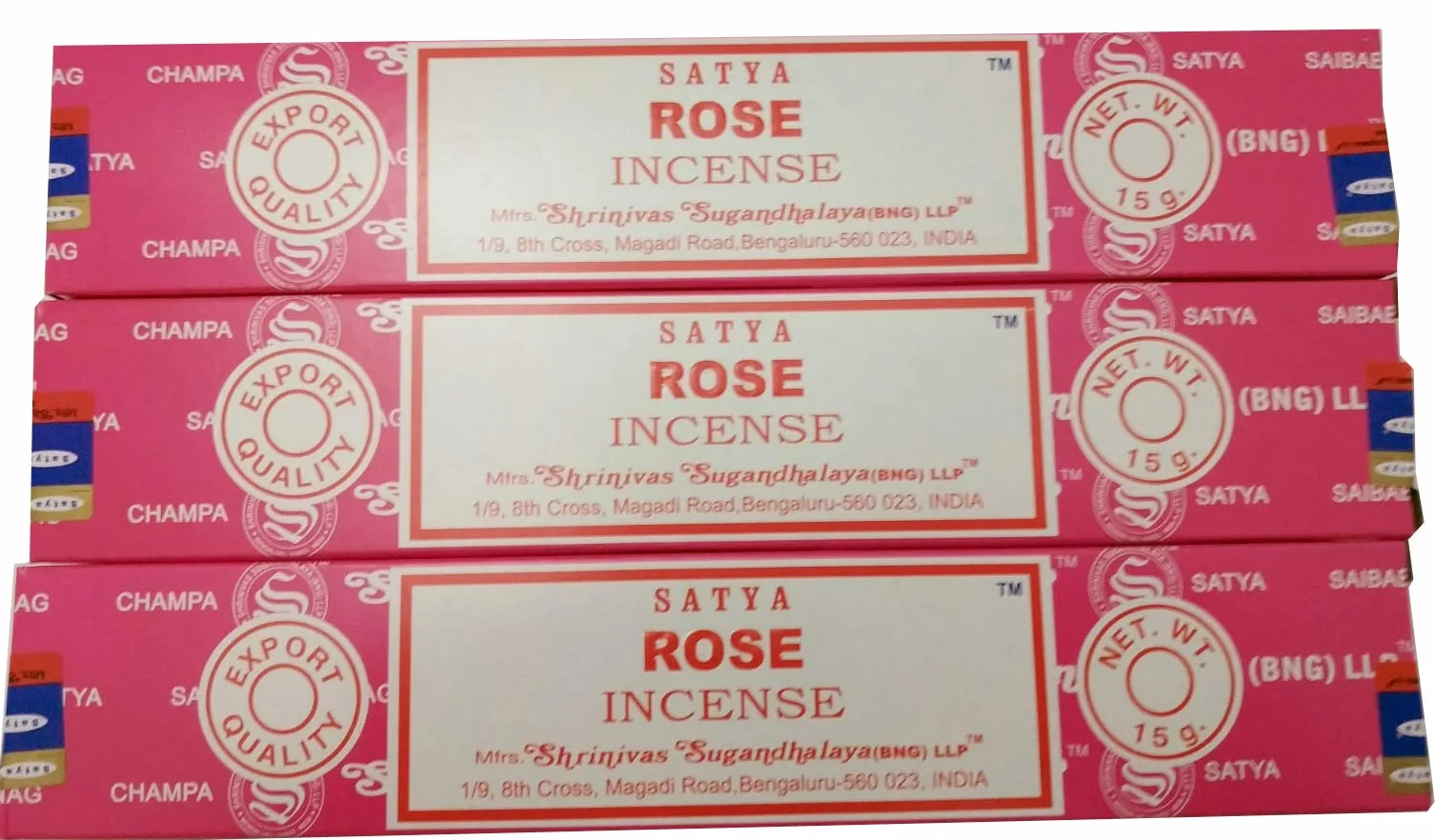 Satya Encens Aromatique Rose - Bâtons d'Encens Naturel Aromathérapie, 3 Boîtes de 15 g