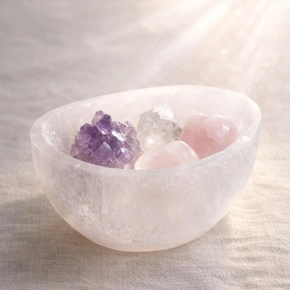 Bol en sélénite demi-sphère 6,5 x 3,5 cm – Bol énergétique pour pierres précieuses, Reiki, méditation