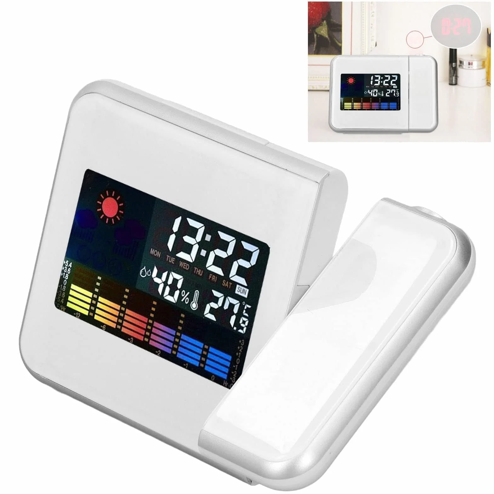 Thermomètre Intérieur Extérieur sans Fil Réveil à Projection Capteur Extérieur Moniteur Humidité Température Prévisions Météorologiques