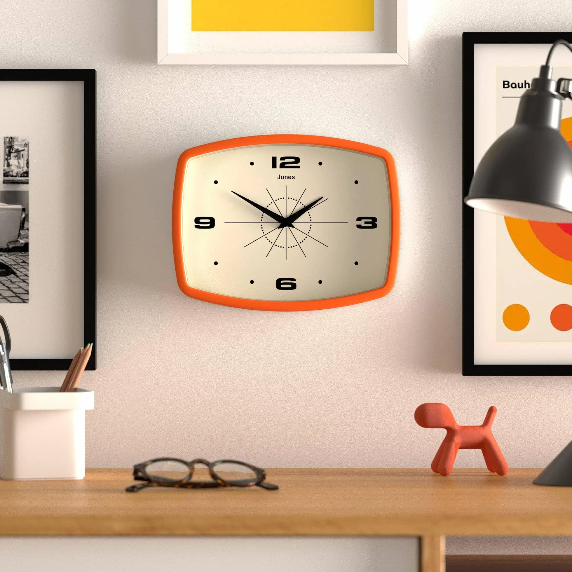 JONES CLOCKS Movie Horloge Murale Rétro Rectangulaire 25cm Orange Design Milieu du Siècle