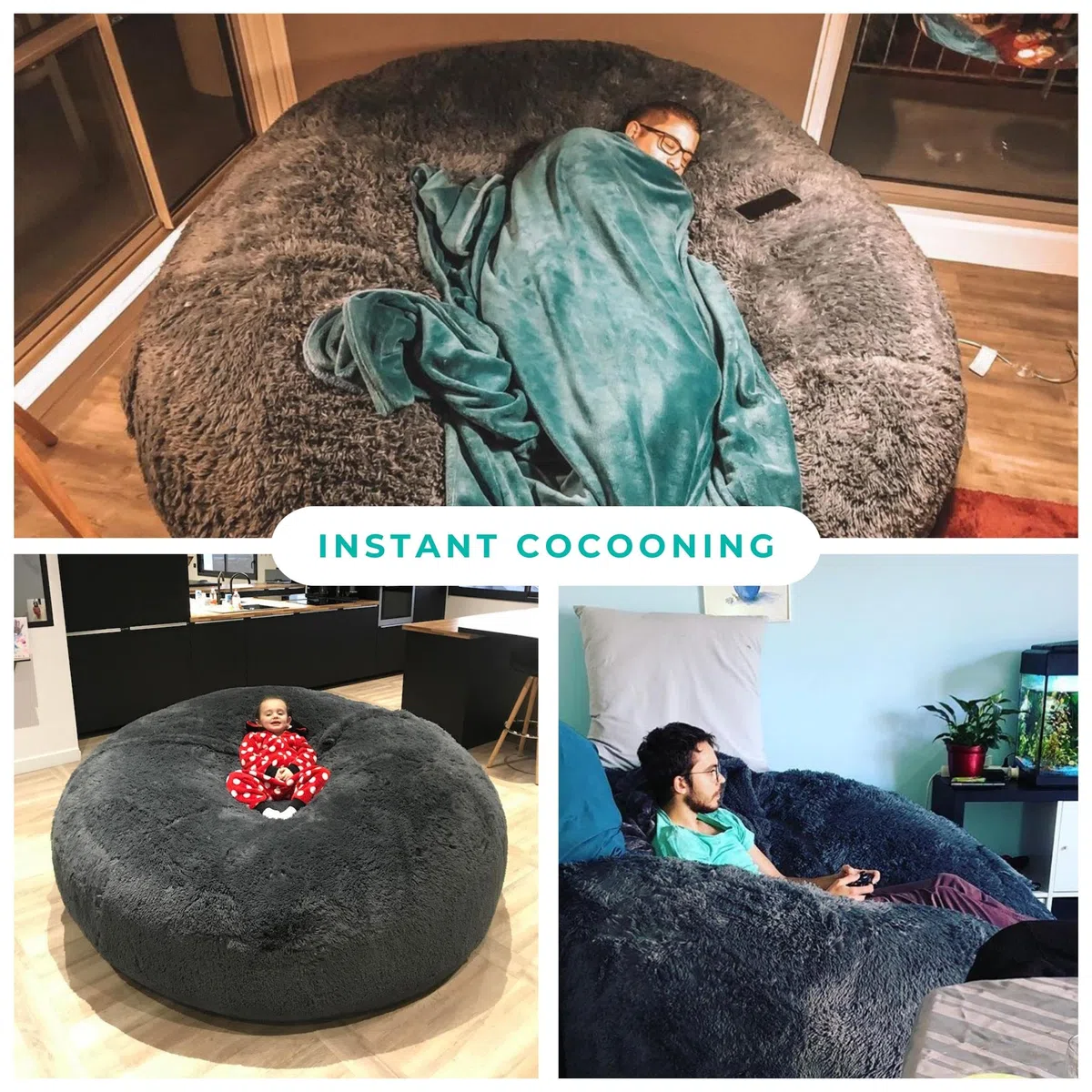 bananair - Pouf Géant XXL en Fourrure - Doux & Confortable - Housse Lavable en Machine - Généreusement Rembourré, Qualité Supérieure - Gros Pouf Lit, Bean Bag (Gris, 160 cm)