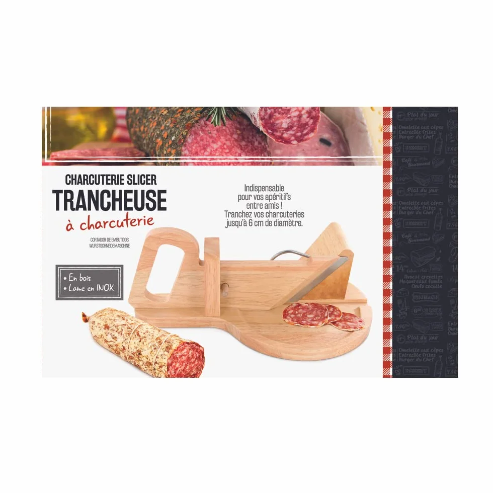 Trancheuse Guillotine Coupe Charcuterie Saucisson Manuelle Ronde Bois Inox Marron