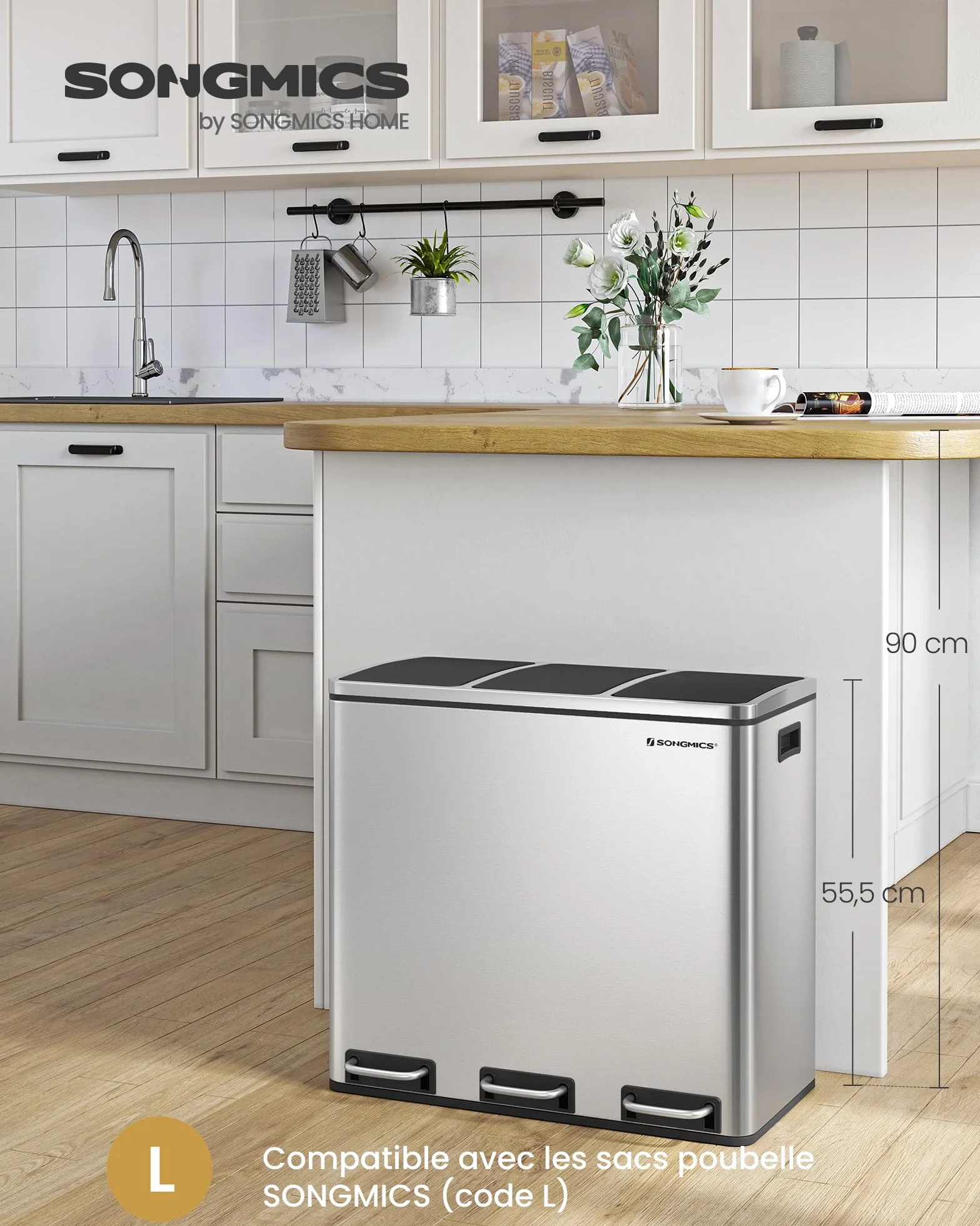SONGMICS Poubelle Cuisine 3x18L Tri Compartiments Acier Argent Métallique Noir LTB54NL