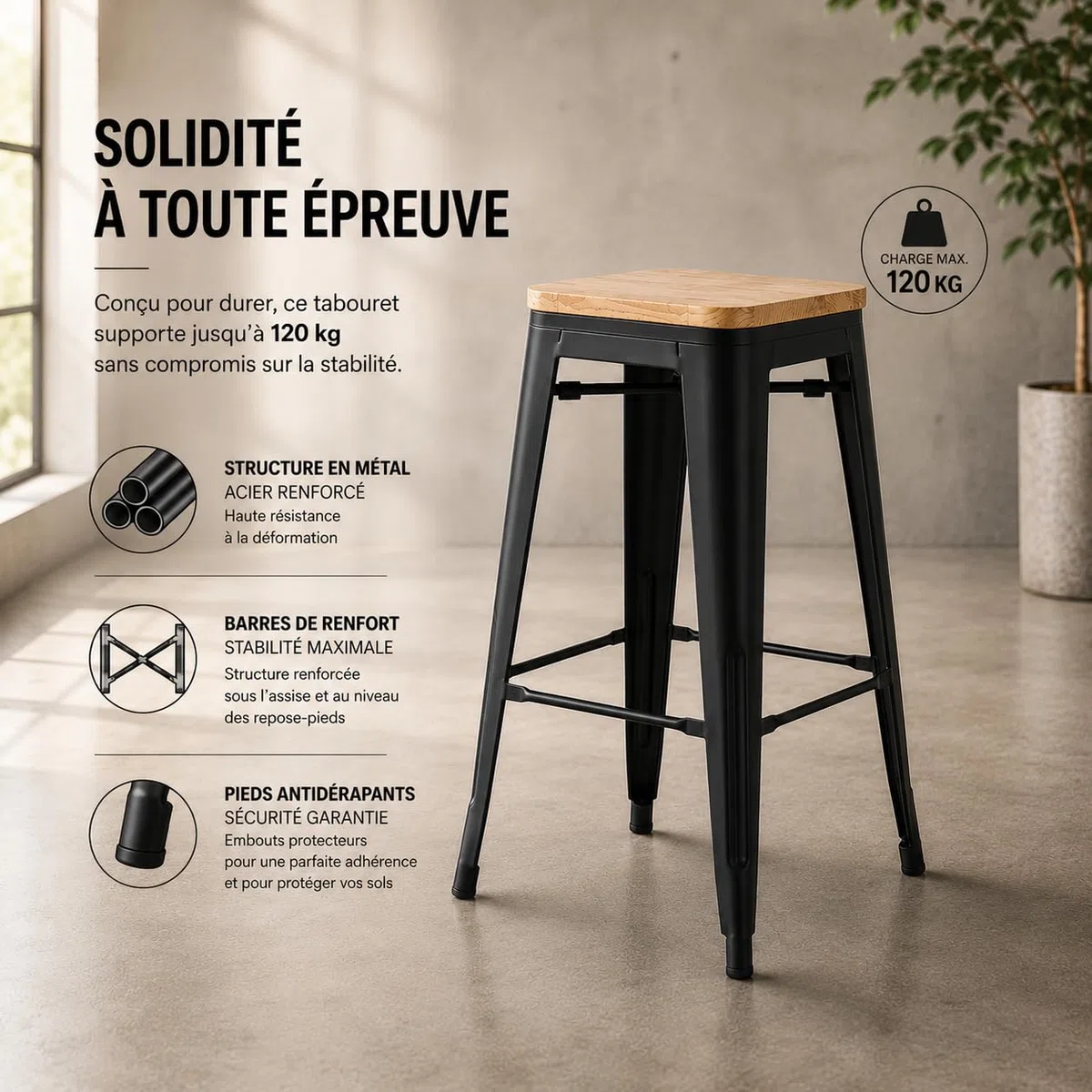 Kosmi Lot de 4 Tabourets de Bar Industriels 66 cm – Structure en Métal Noir Mat, Assise en Bois Clair, Style Loft Vintage, Cuisine, Îlot Central, Bar, Restaurant, Montage Facile