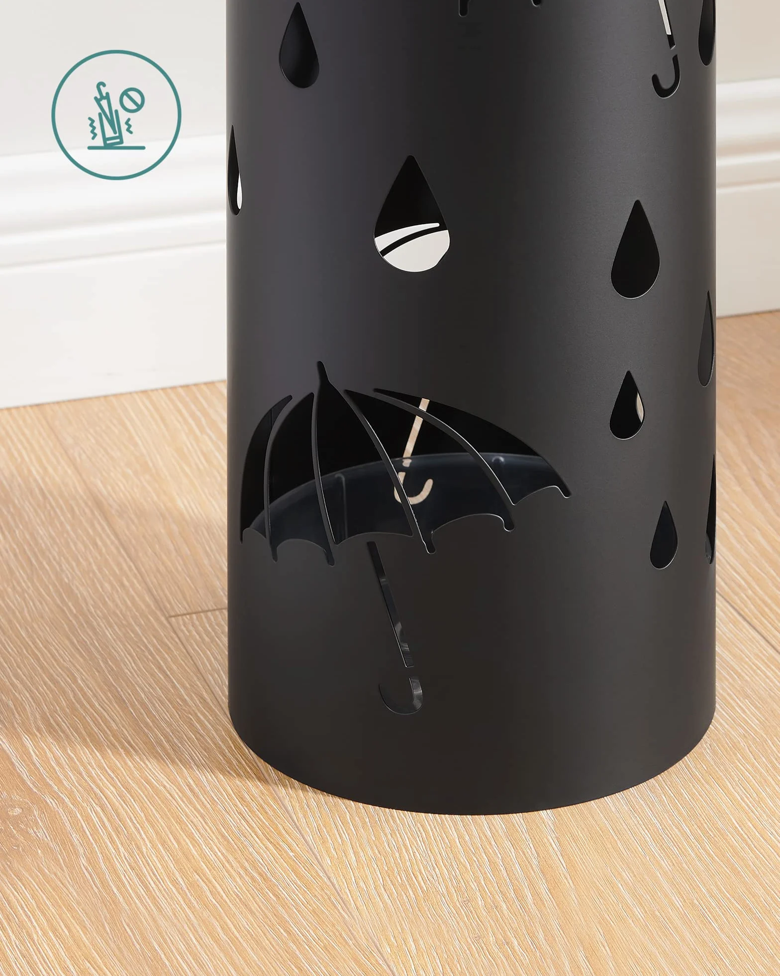 SONGMICS Porte-parapluie Design Métal 4 Crochets Bac Récupération Eau Amovible 17 x 41 cm Noir
