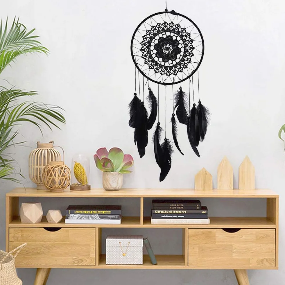 Dreamcatcher Noir Plumes Ornement Murale Décoration Chambre