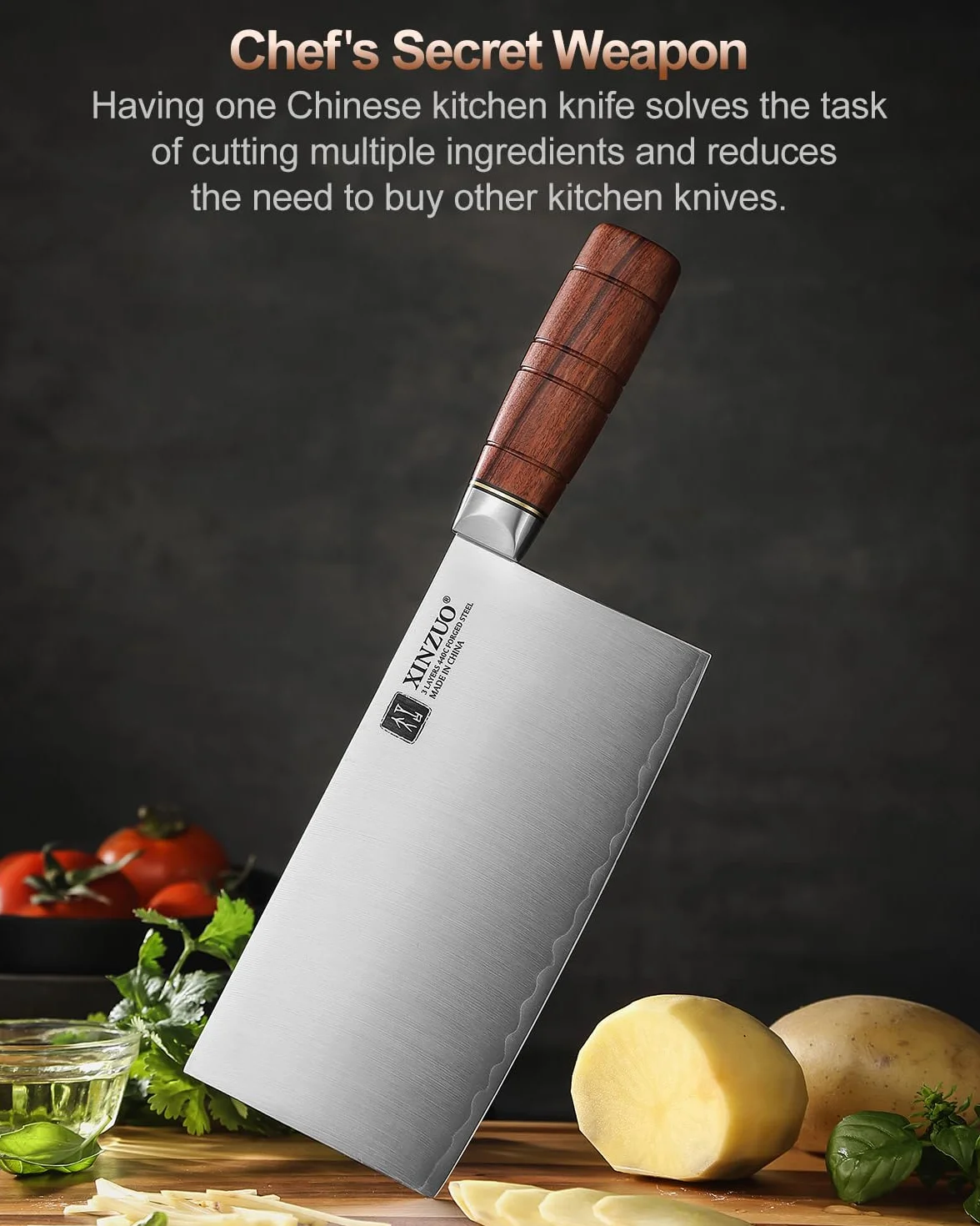 XINZUO Couperet Couteau Chef Chinois 18,8cm Acier Inoxydable Poignée Red Wood