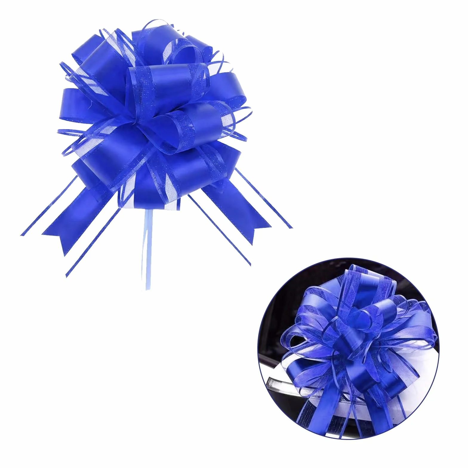 Nœud Cadeau Bleu Grand 25cm - Ruban à Tirer Manuellement pour Emballage Mariage Anniversaire Noël