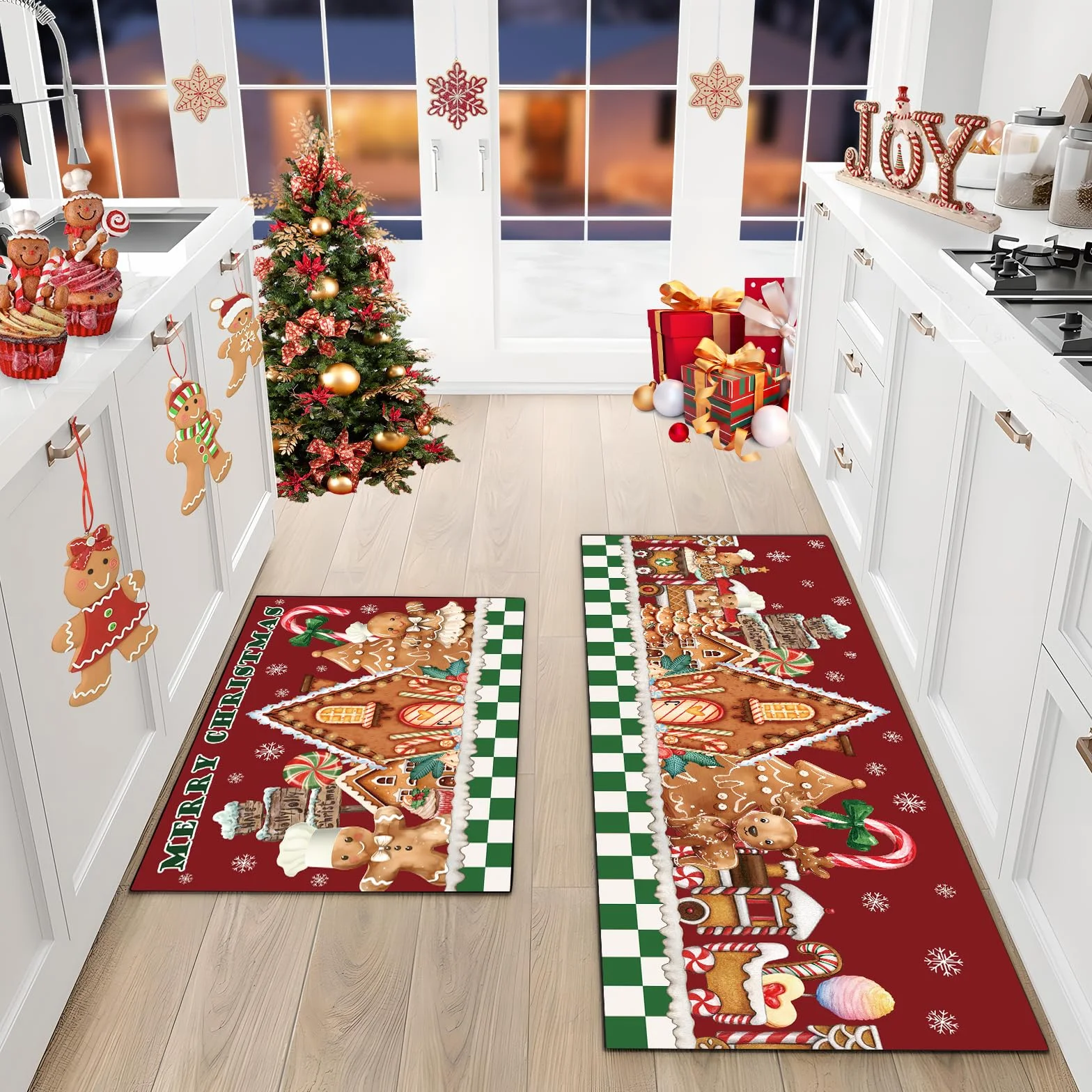 AIBIIN Tapis de cuisine Noël antidérapant caoutchouc bonhomme pain d'épices 40x60 40x120 cm 2 pièces