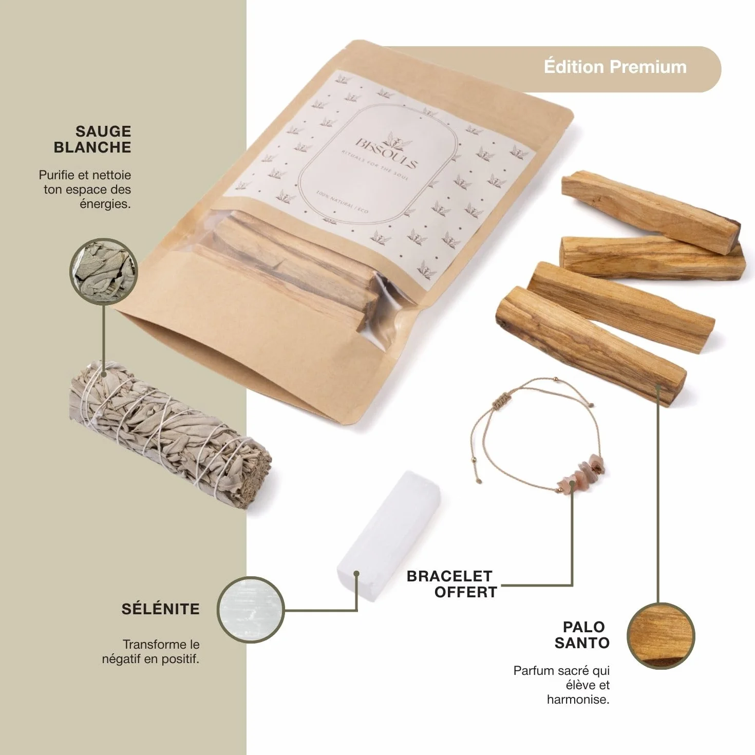 Coffret Premium Rituel Nettoyage Énergétique Palo Santo Purification Sauge Blanche Bracelet Sélénite Maison