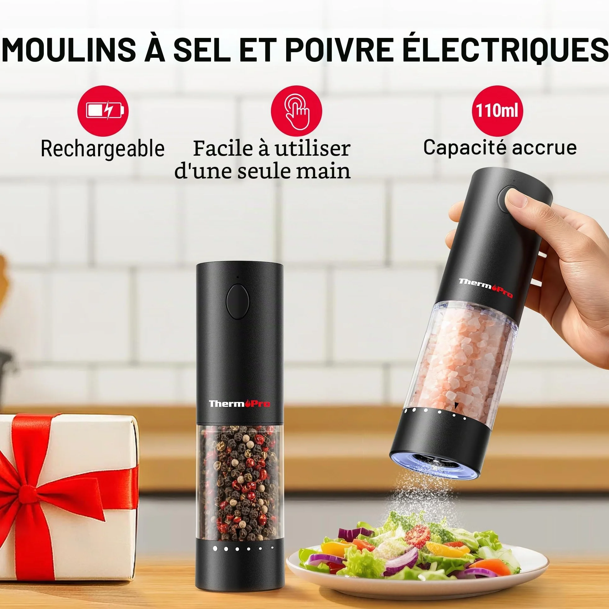 ThermoPro Ensemble de moulins à sel et à poivre électriques rechargeables 110ml avec réglage externe LED