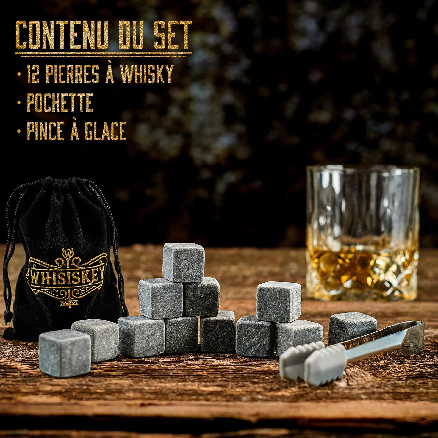 WHISISKEY Pierre à Whisky Coffret Cadeau Homme Anniversaire Original - 12 Pierres à Whiskey avec Glacon Réutilisable