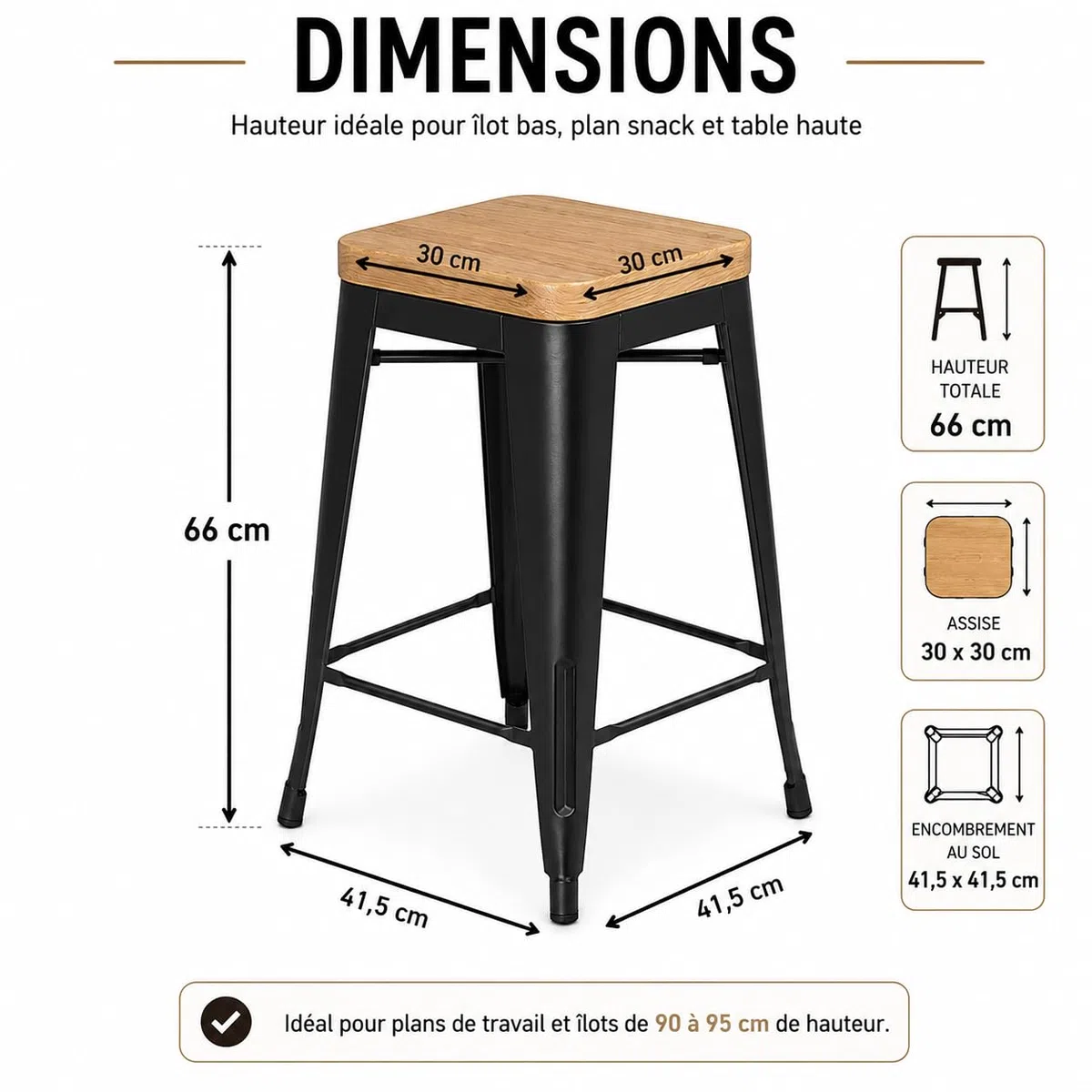 Kosmi Lot de 4 Tabourets de Bar Industriels 66 cm – Structure en Métal Noir Mat, Assise en Bois Clair, Style Loft Vintage, Cuisine, Îlot Central, Bar, Restaurant, Montage Facile