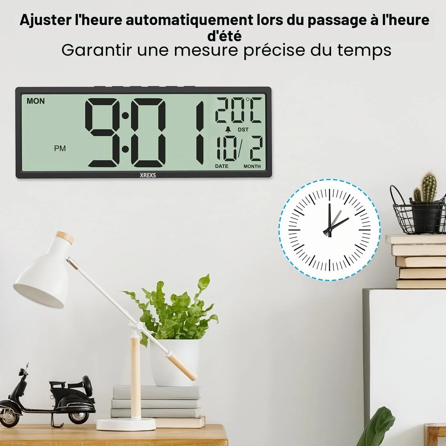 XREXS Horloge Murale Numérique 14,5 Pouces Heure Calendrier Température DST Piles Noir