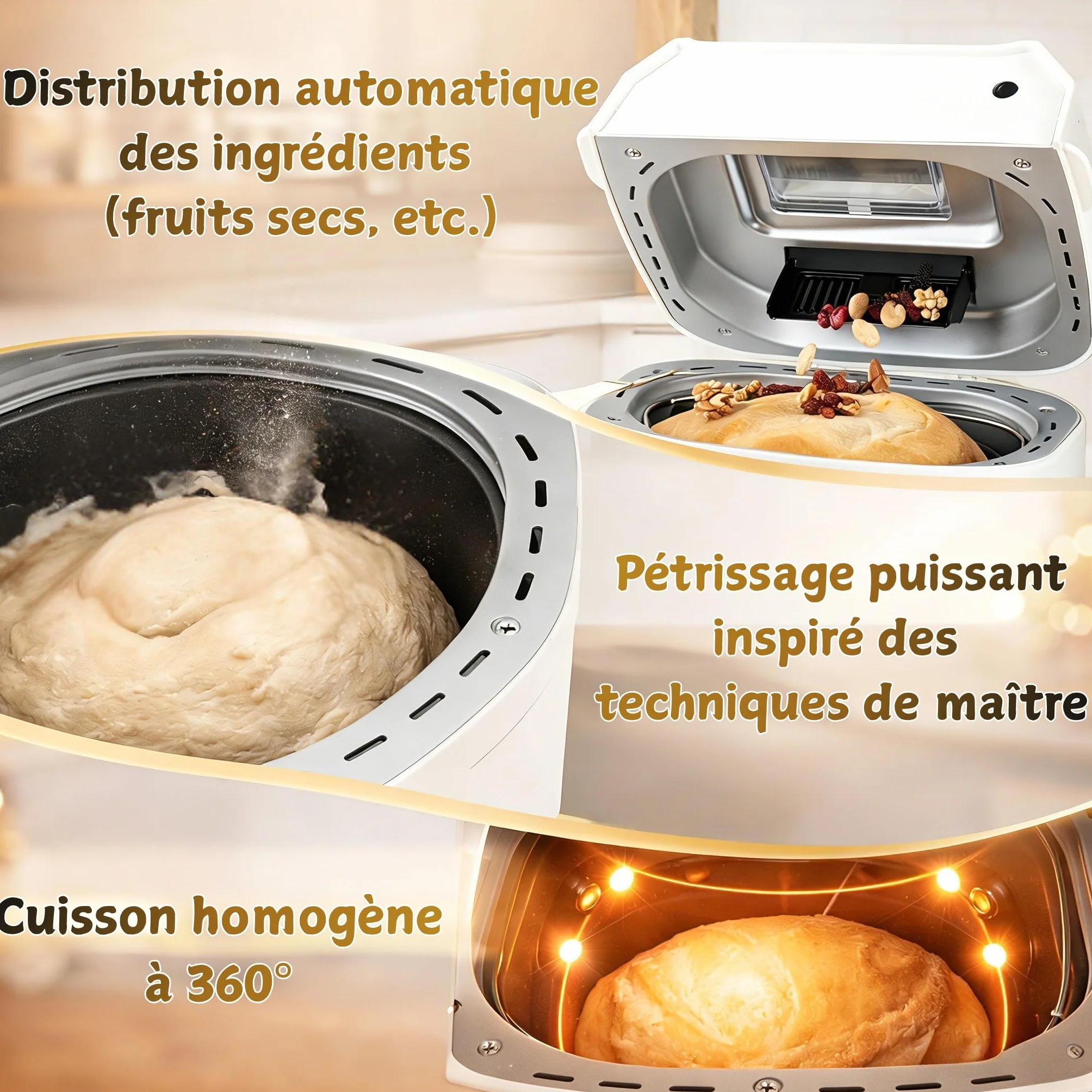 Machine à Pain 12 Programmes Automatiques Cuisson 360° Sans Gluten Pâte à Pizza Gâteau Confiture