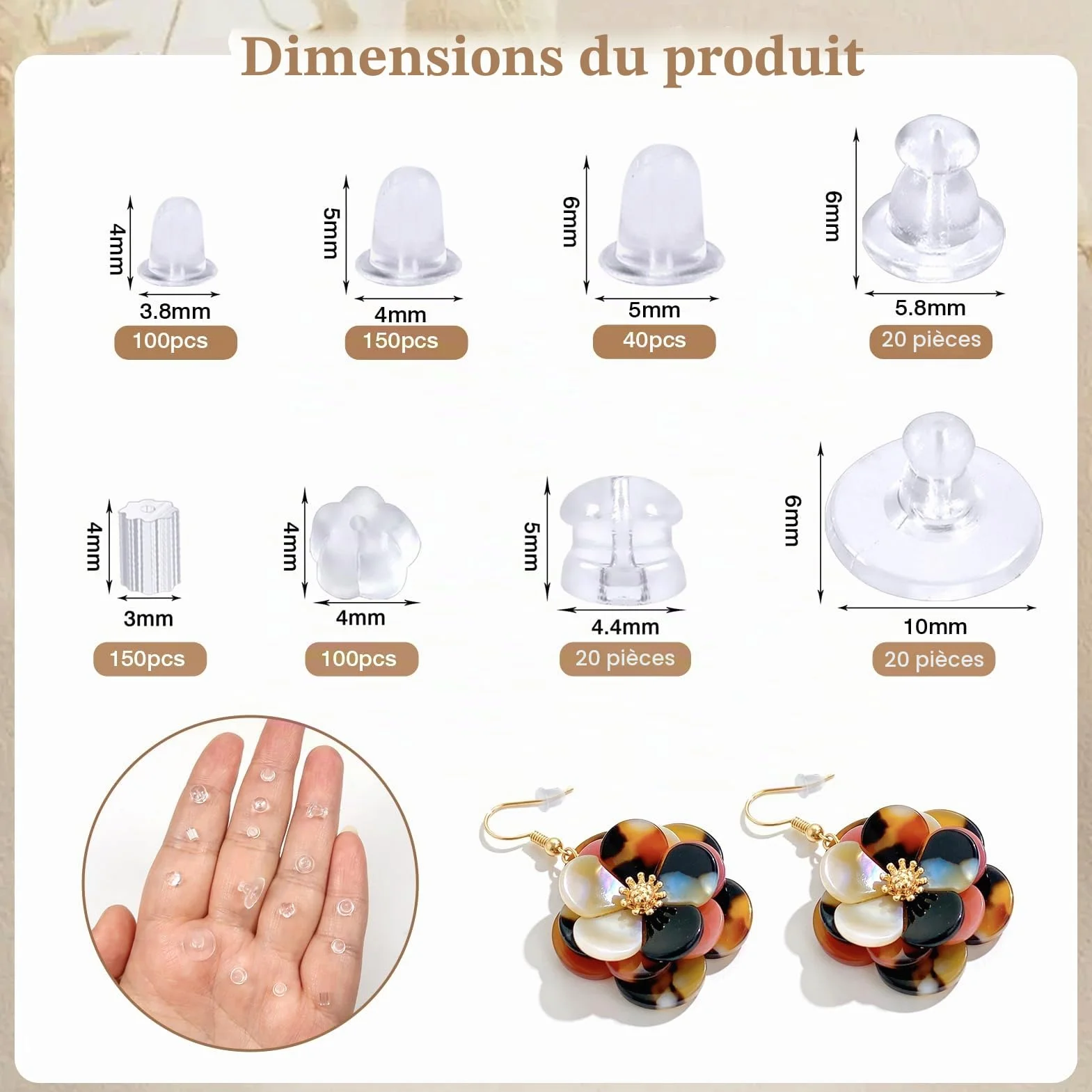 TOAOB 600 Pièces Fermoir Boucle d'Oreilles Silicone 8 Styles Plastique Transparent Hypoallergénique Taille Mixte pour Fabrication de Bijoux