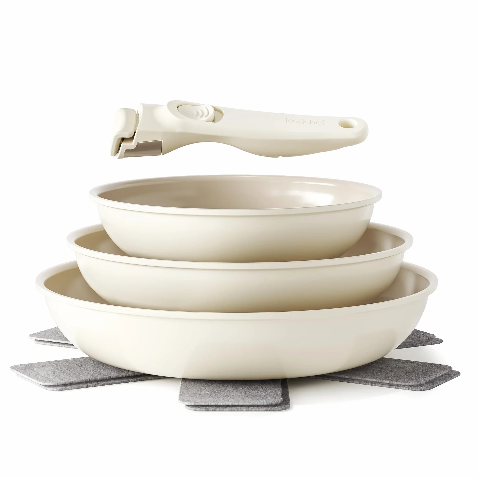 Redchef Lot de poêles céramique antiadhésives 20/24/28 cm induction compatible sans PTFE ni PFOA poignée amovible Beige