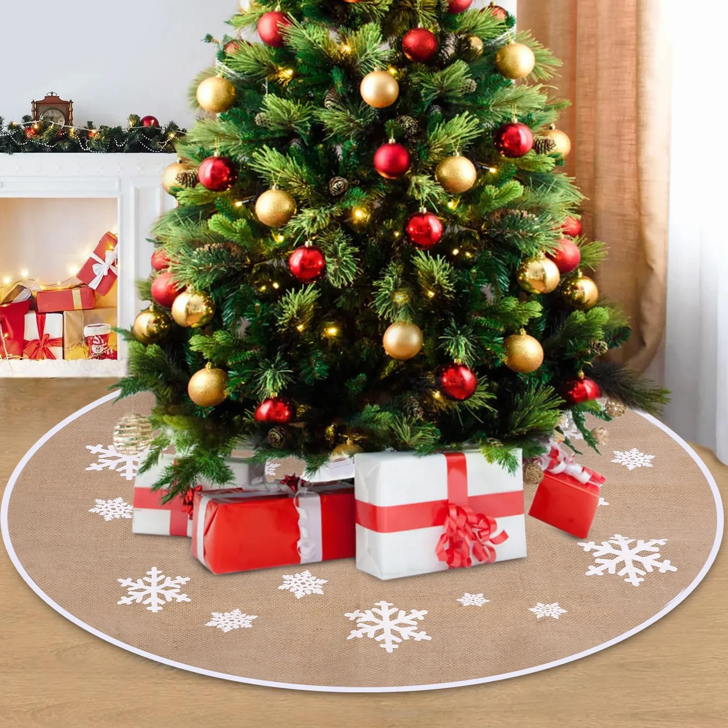 Jupe de Sapin de Noël Flocons de Neige Lin Kaki 80 cm