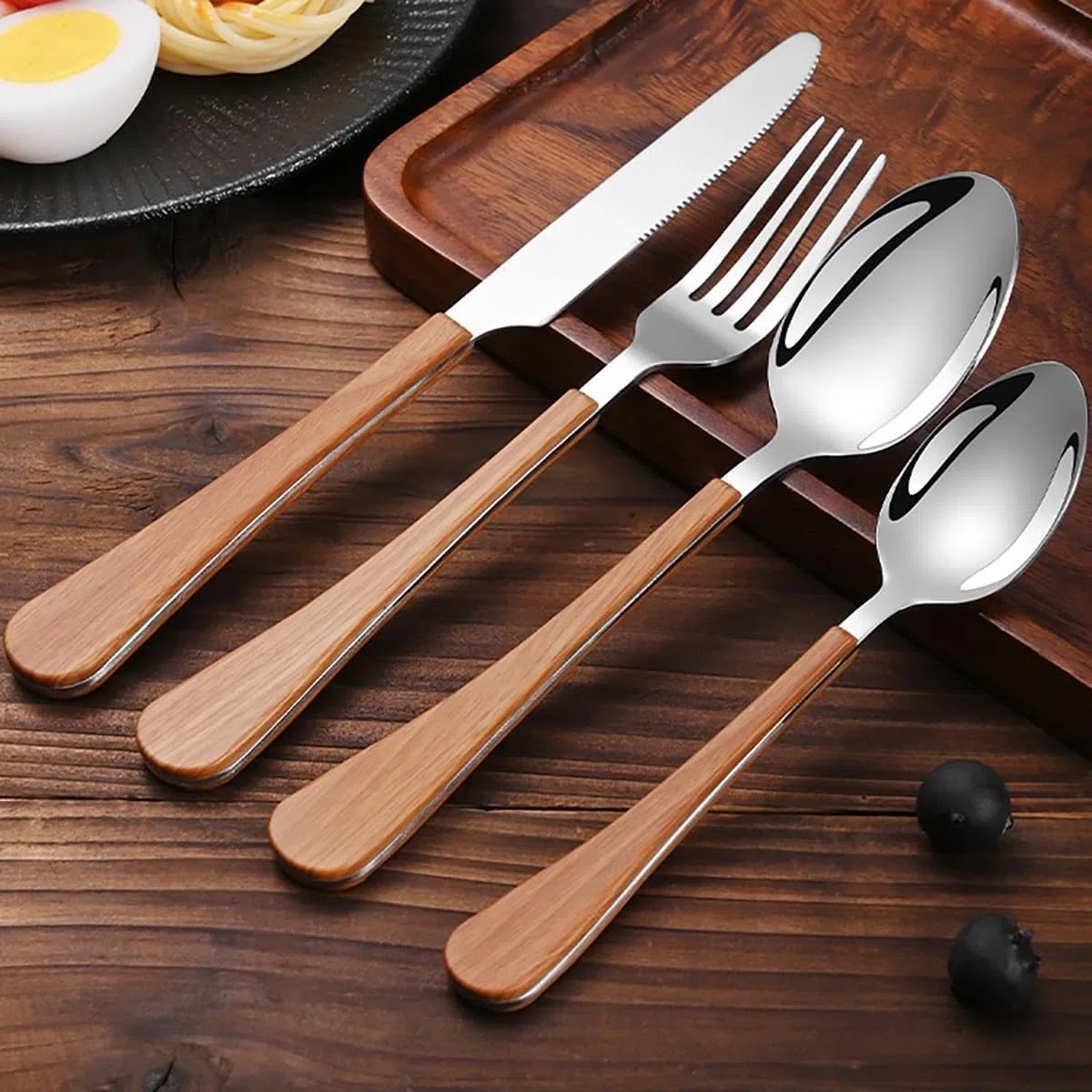 Ensemble de 10 Couverts en Acier Inoxydable avec Manches en Bois, 40 pièces (Couteaux, fourchettes, cuillères à café), Aspect Bois, argenté - 64 pièces