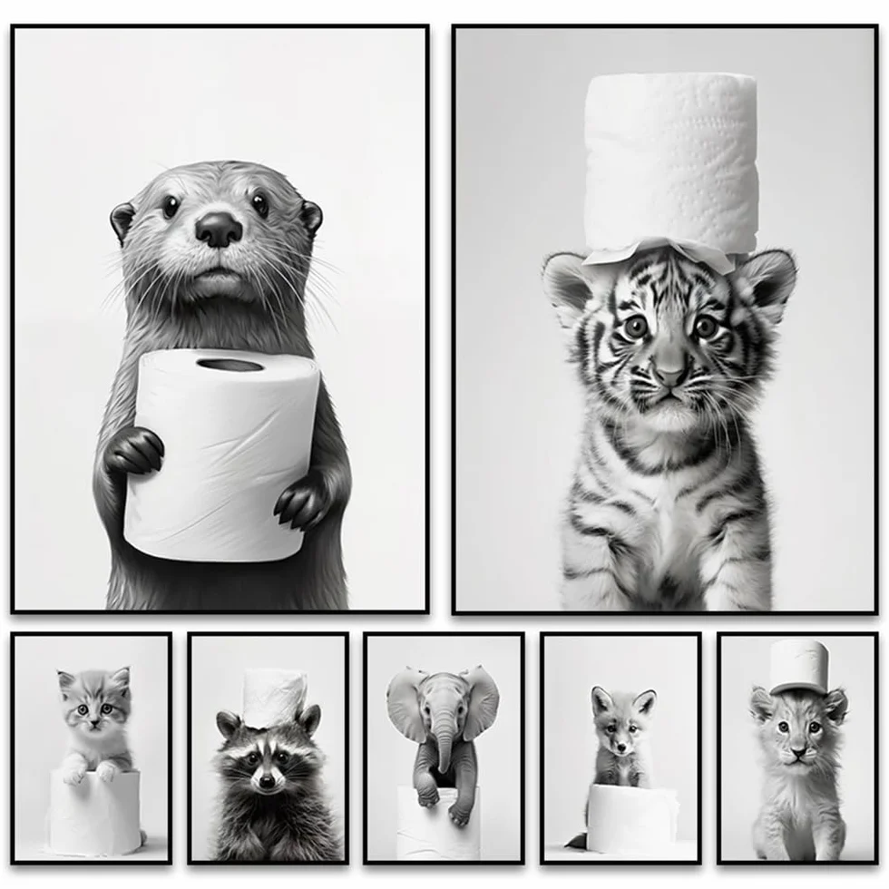 Affiche Murale Noir et Blanc Humour Animaux 40x50 Poster WC Deco Salle de Bain Toilette Humoristique