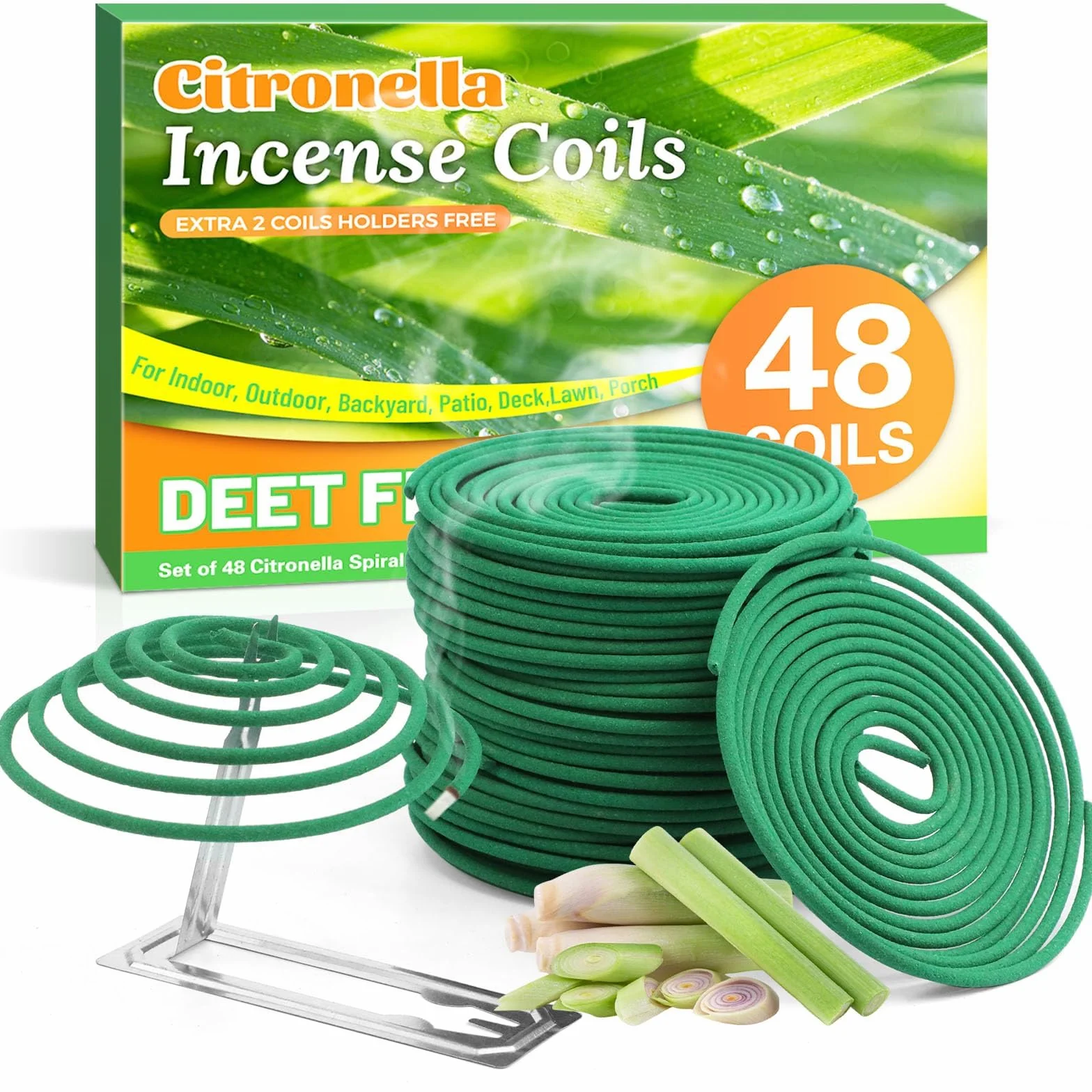 Spirales à la Citronnelle 48 Pièces 2 Supports 6-8 Heures Huile Essentielle Citronnelle Terrasse Jardin Camping