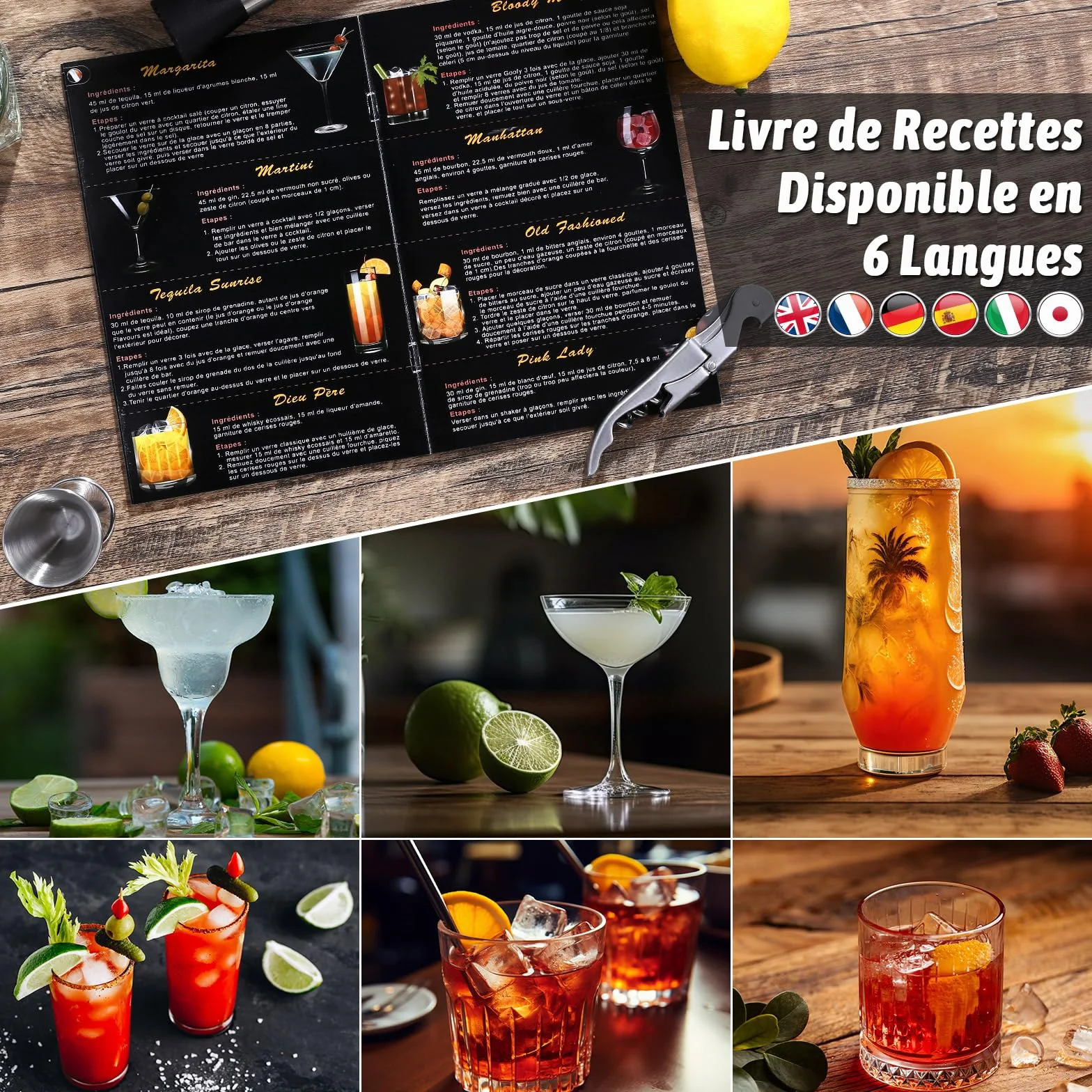 Kit Shaker à Cocktail en Acier Inoxydable GWHOLE avec Support Bois et Recette