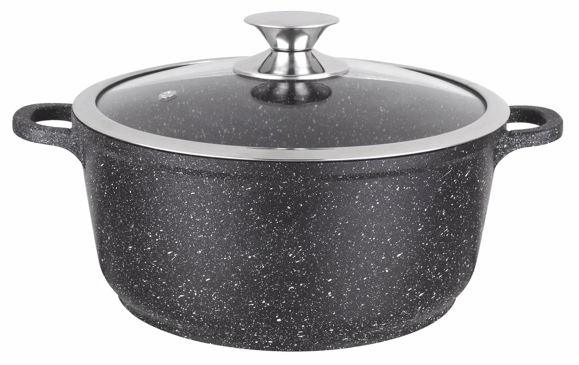 Marmite Faitout 28 cm Fonte d'Aluminium Revêtement Type Pierre Couvercle en Verre Tous Feux Induction Sans PFOA Noir