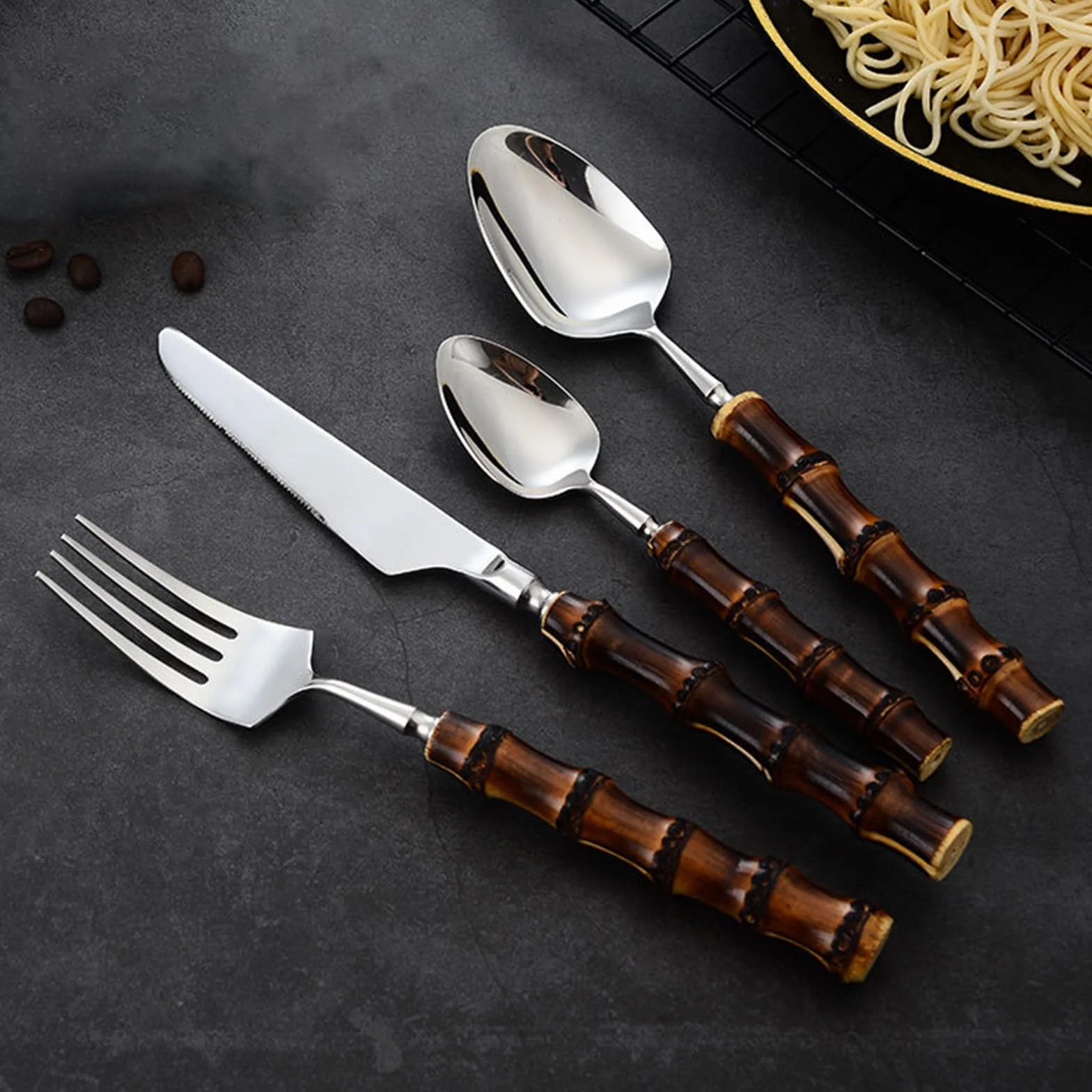 Ensemble de Couverts en Bois et Bambou pour 6 Personnes, élégant Service de Table, Couverts en Acier Inoxydable, Manches en Bois, Compatible Lave-Vaisselle, 24 Couverts, Couleur Argent - 40