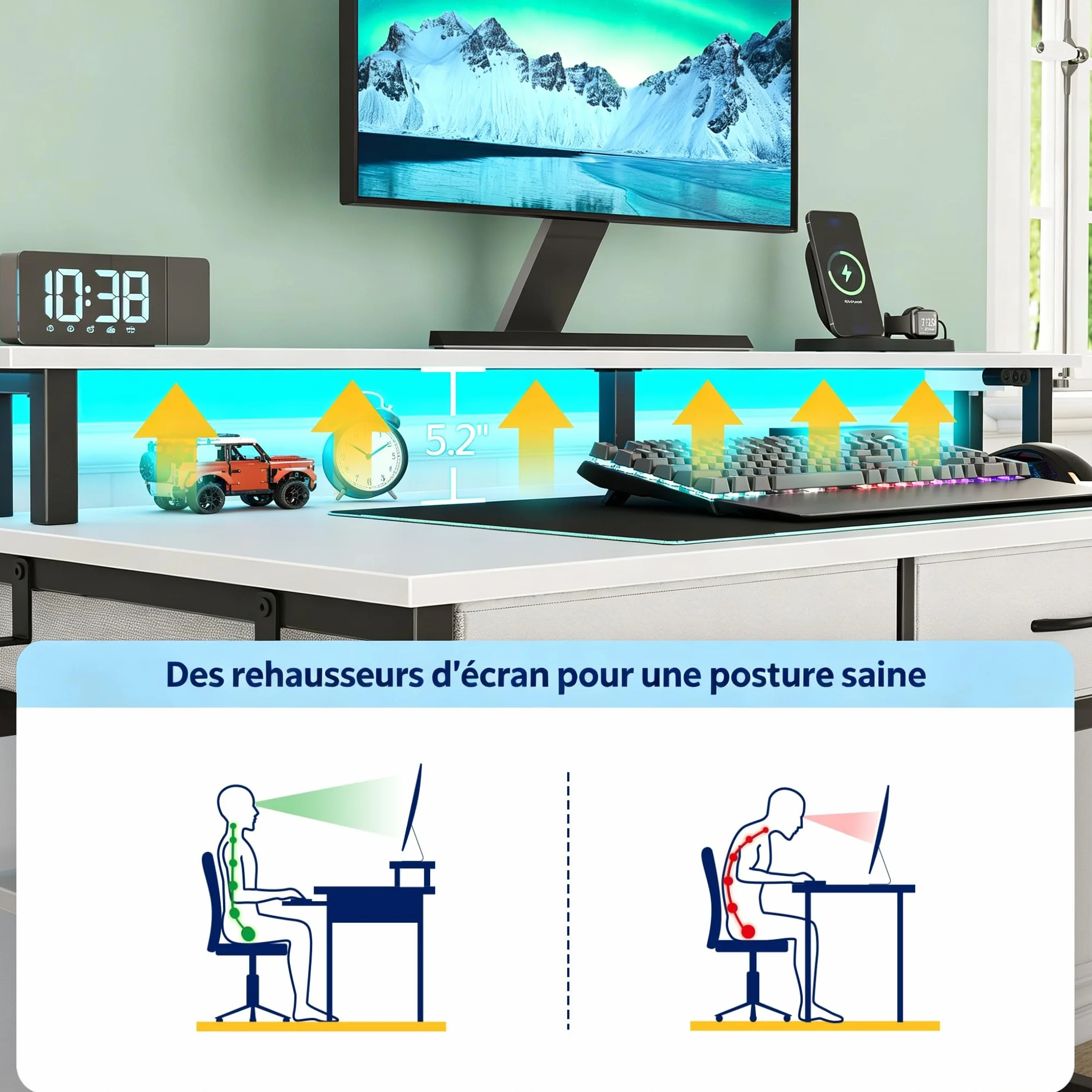 Rolanstar Bureau avec Rangement 100 cm - Table Ado 3 Tiroirs LED RGB Prises de Courant, Blanc