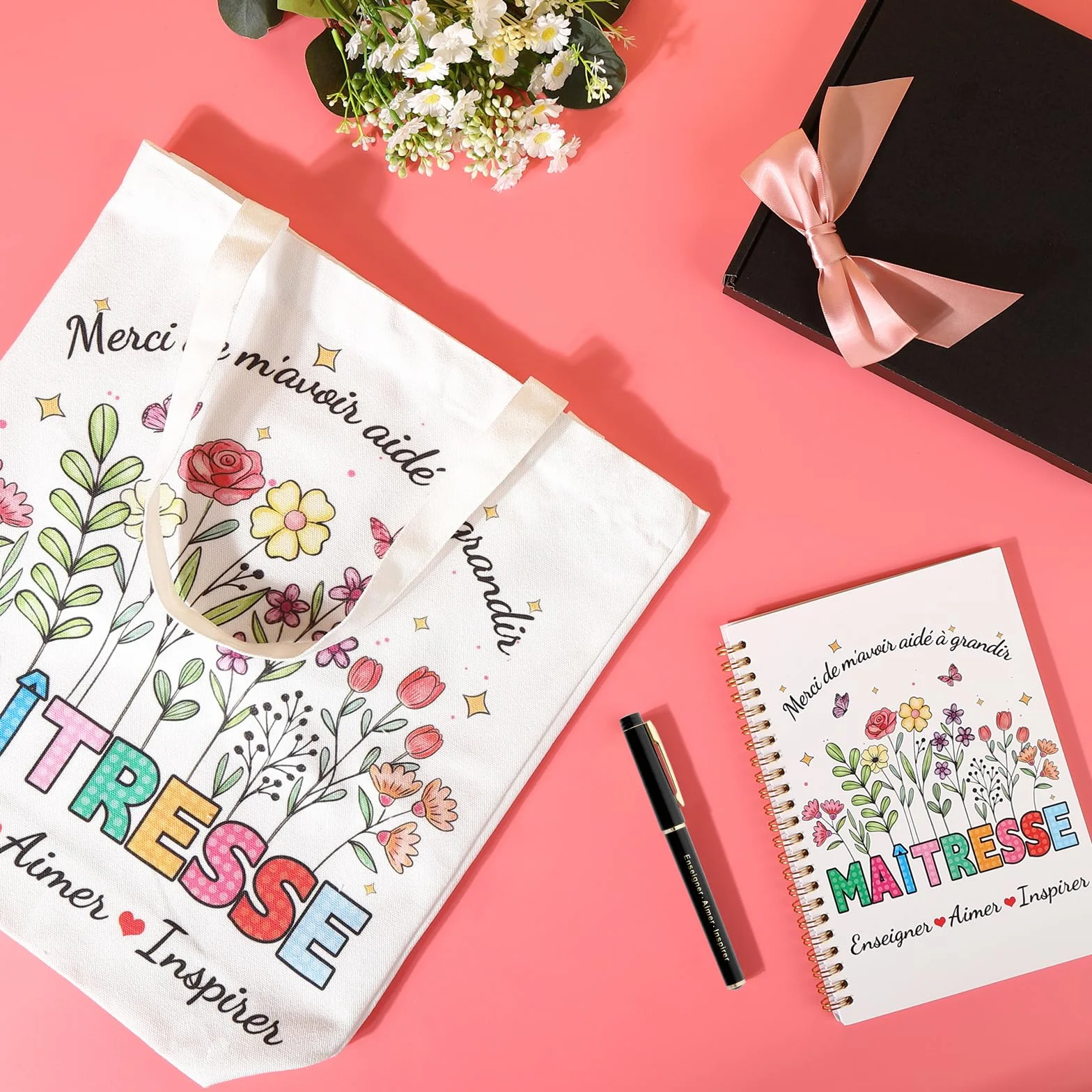 Echehi Cadeau Maitresse d'École Fin d'Année, Avec Tote Bag, Carnet A5, Stylo